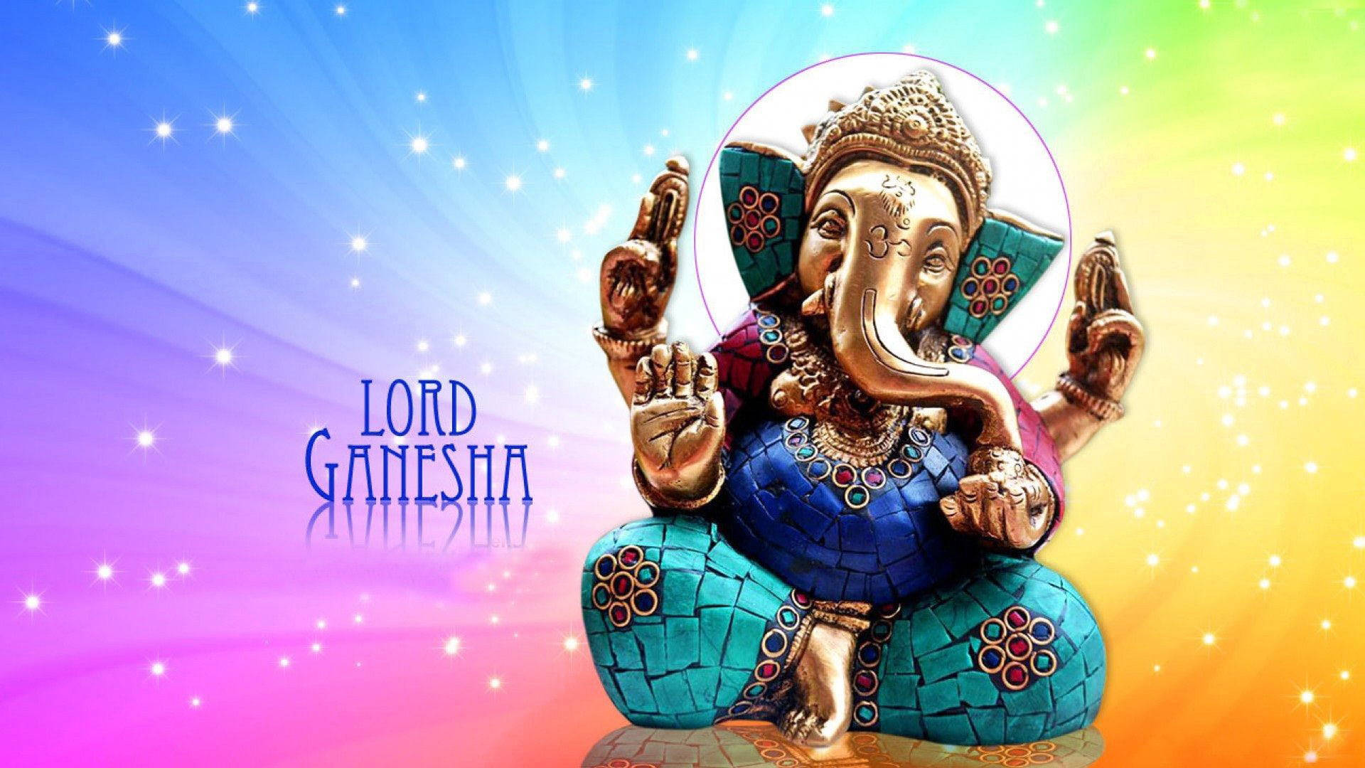 Ganesh, golden Lord Ganesha statue, blue mosaic pants, Full HD Desktop Wallpaper