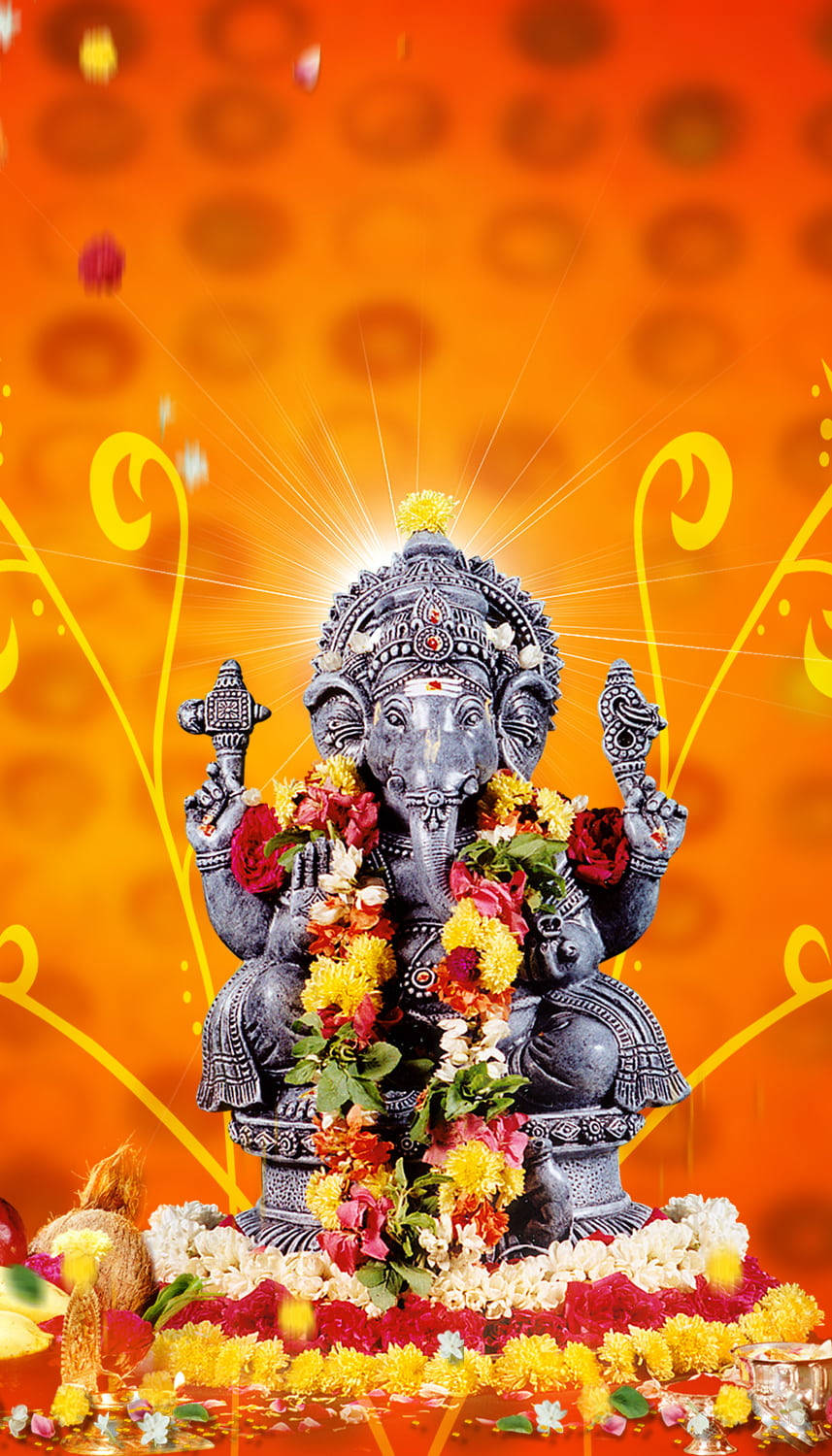 Ganesh, flower garlands, silver Ganesha statue, HD Phone Wallpaper
