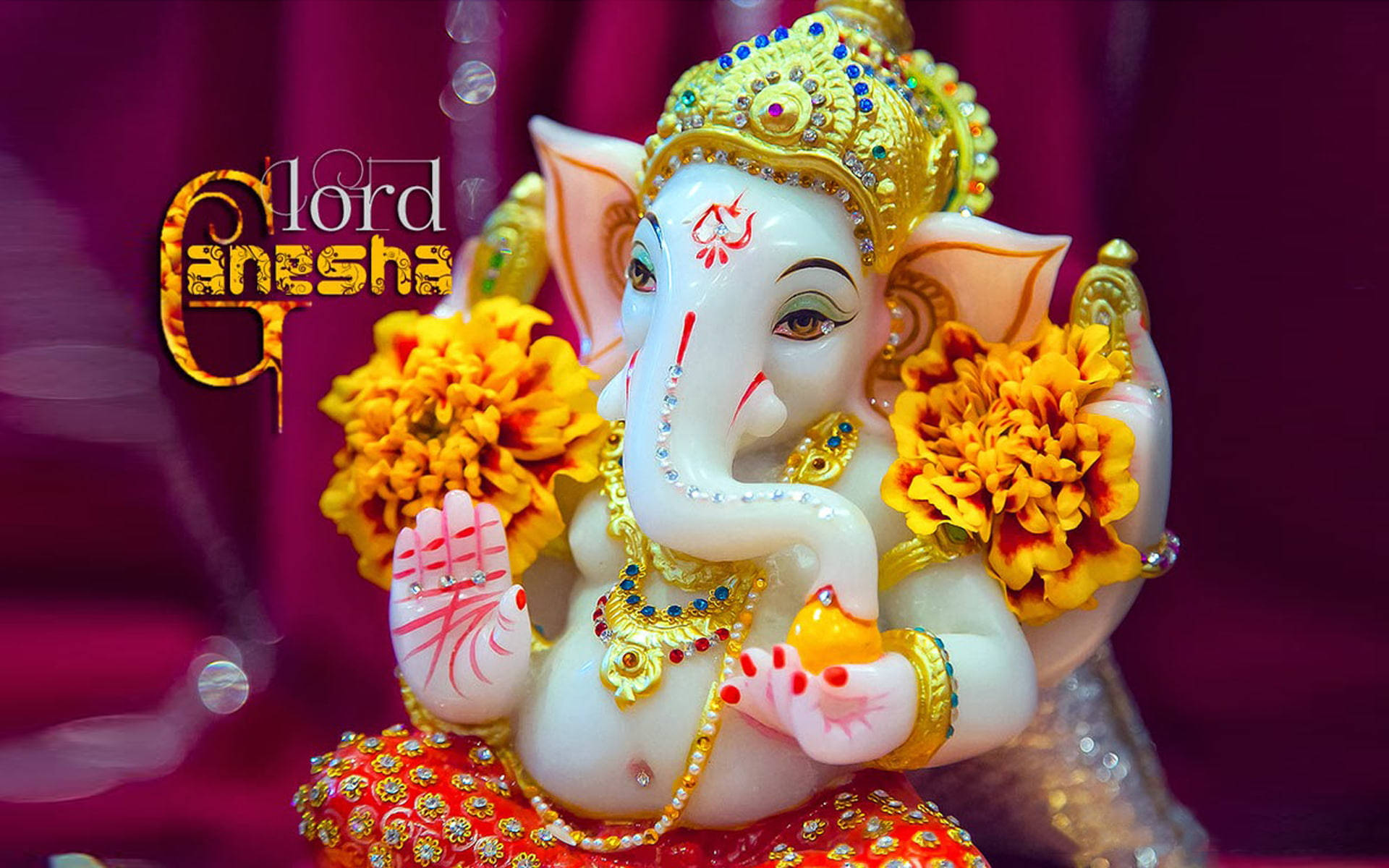 Ganesh Ji, white Lord Ganesha statue, gold jewelry, Full HD Desktop Wallpaper