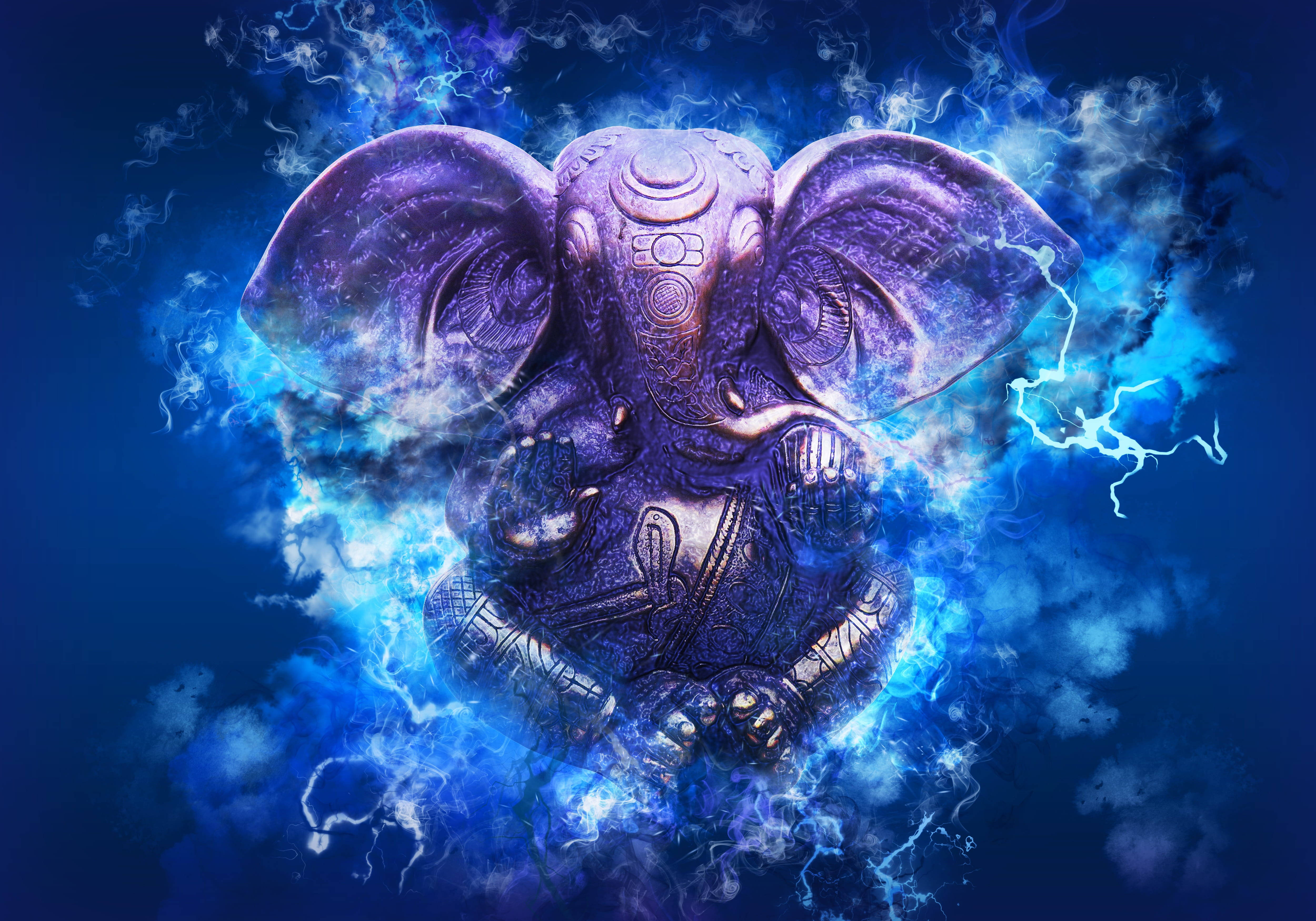 Ganesh Ji HD, blue lightning, purple elephant statue, 4K Desktop Wallpaper