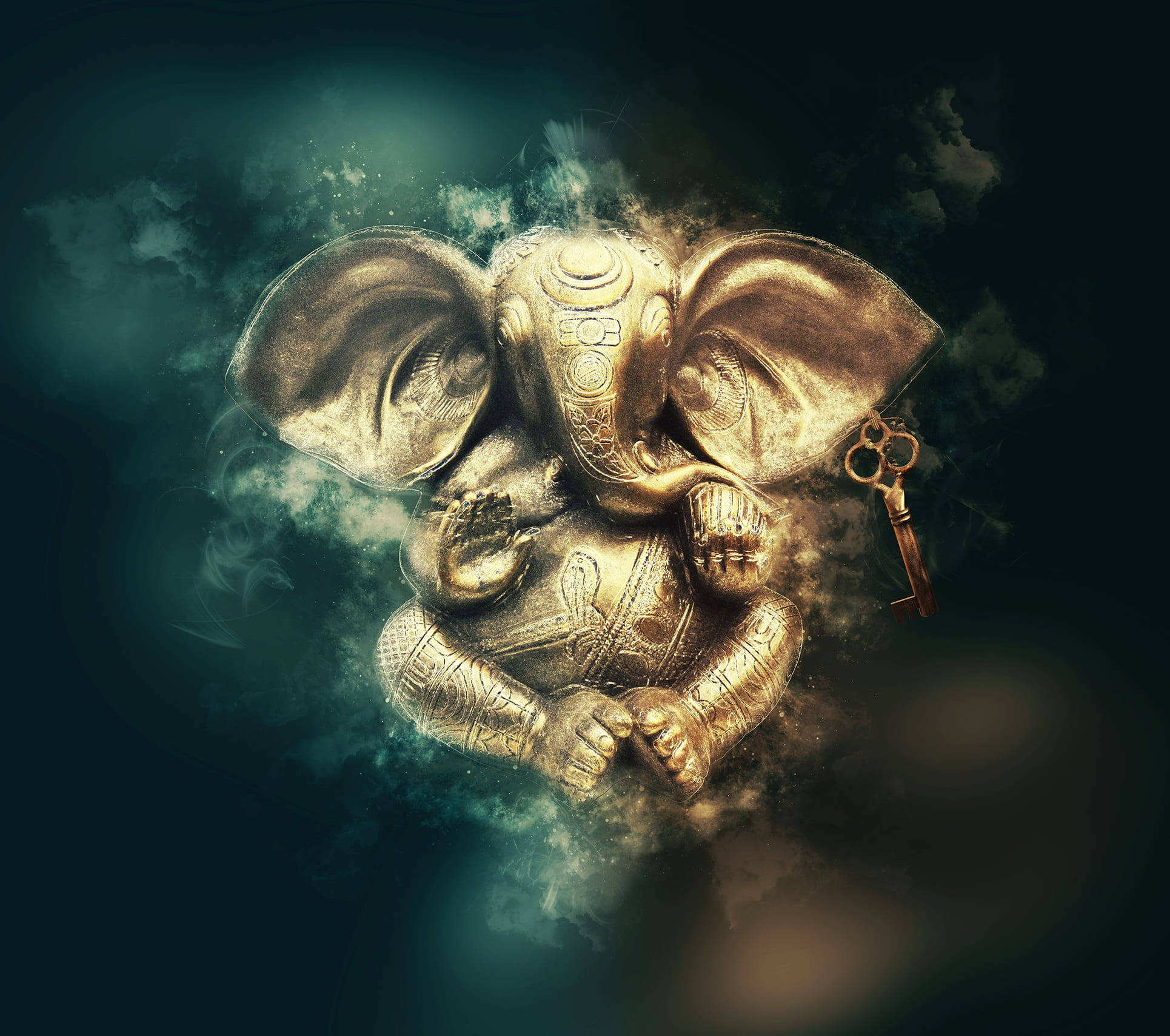 Ganesh Ji, golden Ganesha statue, swirling teal smoke, Full HD Desktop Wallpaper
