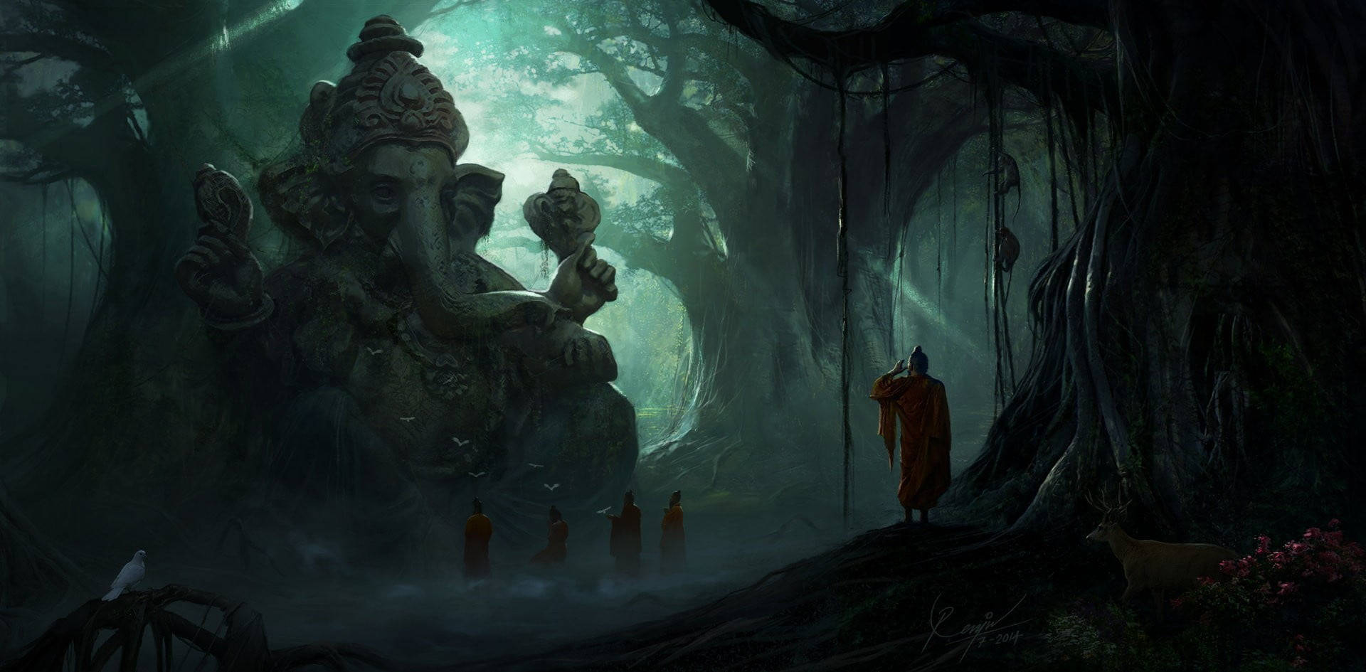 Ganesh Ji, stone Ganesha statue, misty ancient jungle, Full HD Desktop Wallpaper