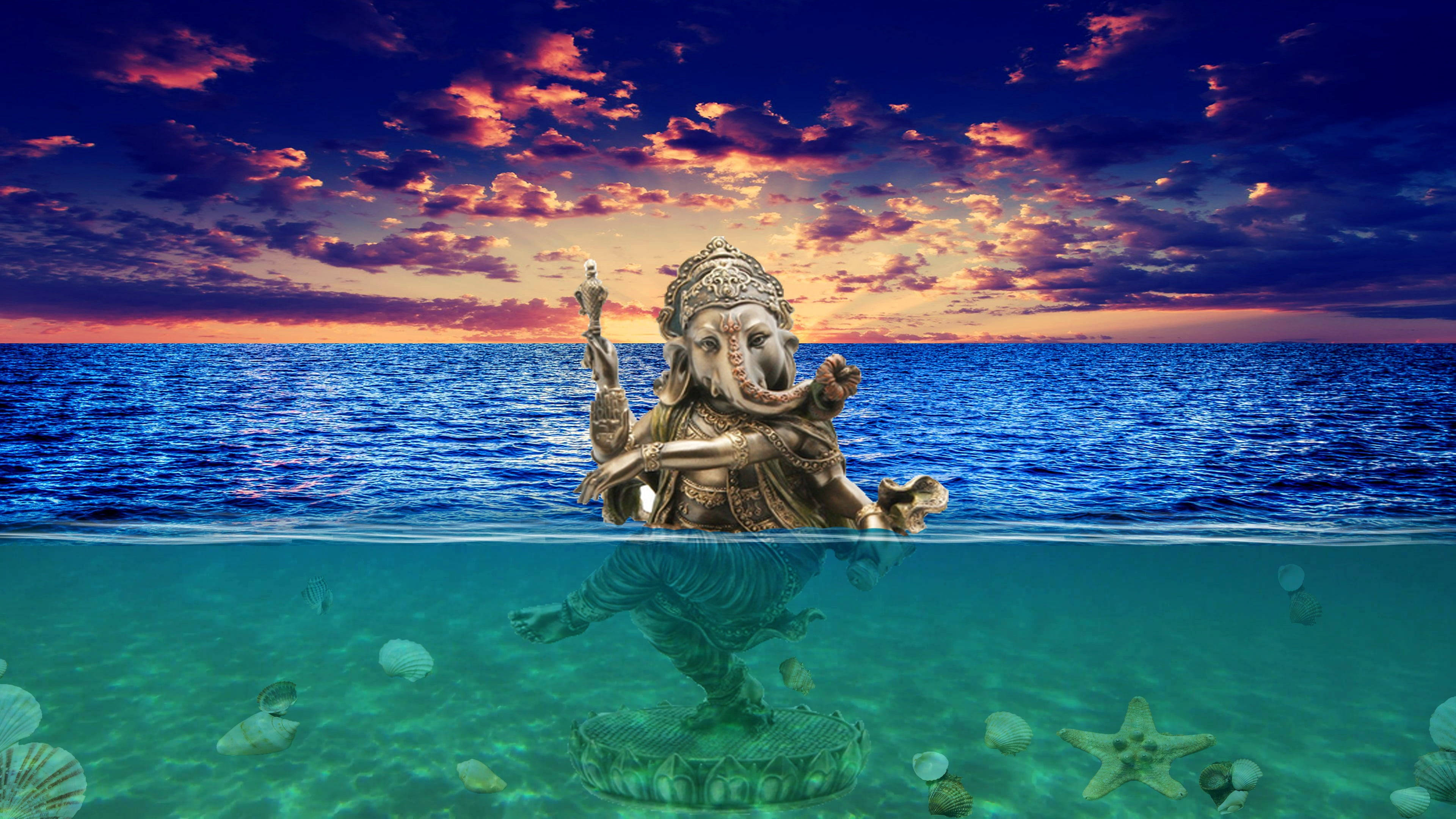 Ganesh Ji, golden Ganesha statue, turquoise ocean, 4K Desktop Wallpaper