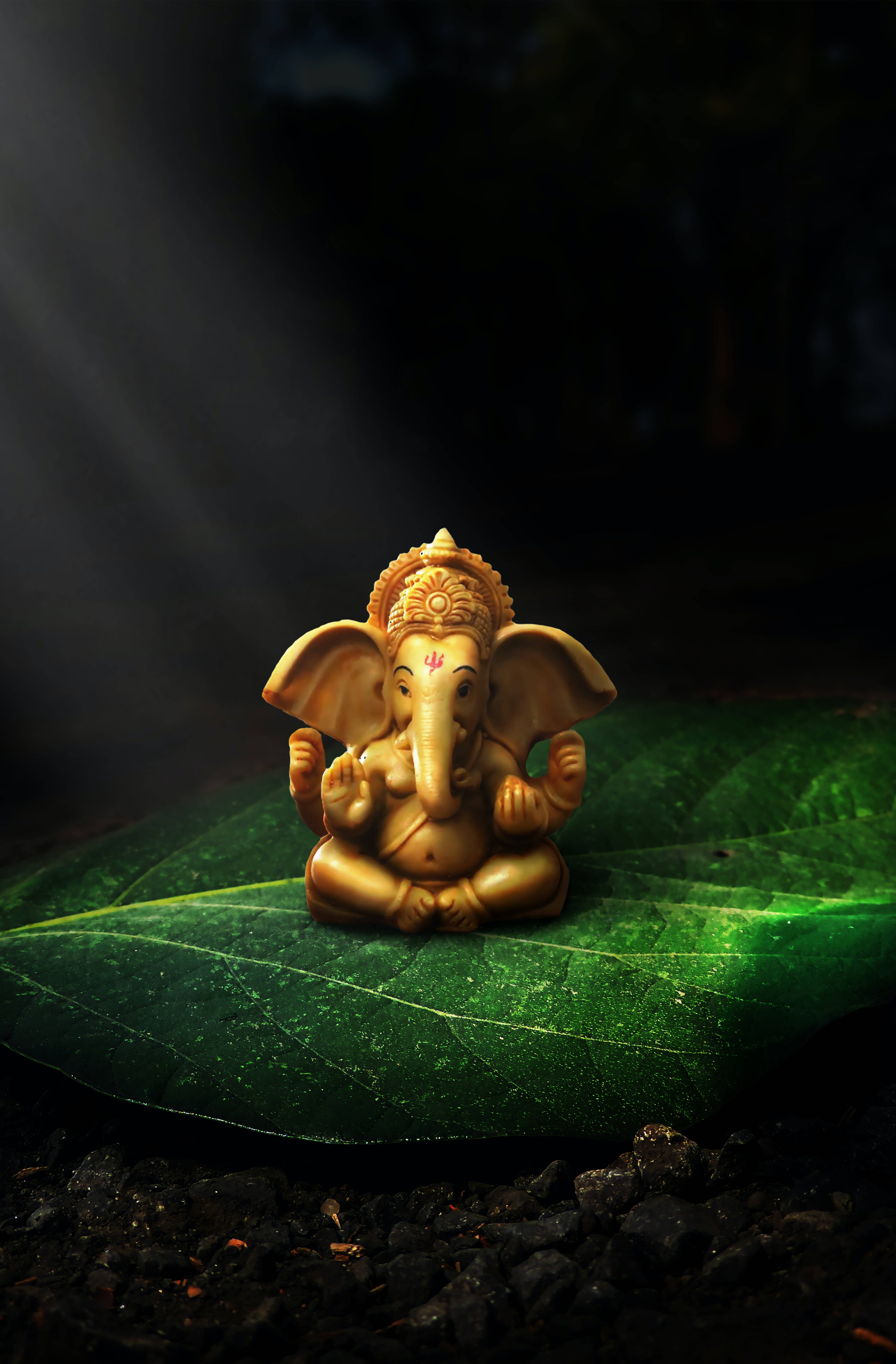 Ganesh Ji, golden Ganesha statue, large green leaf, 5K Phone Wallpaper