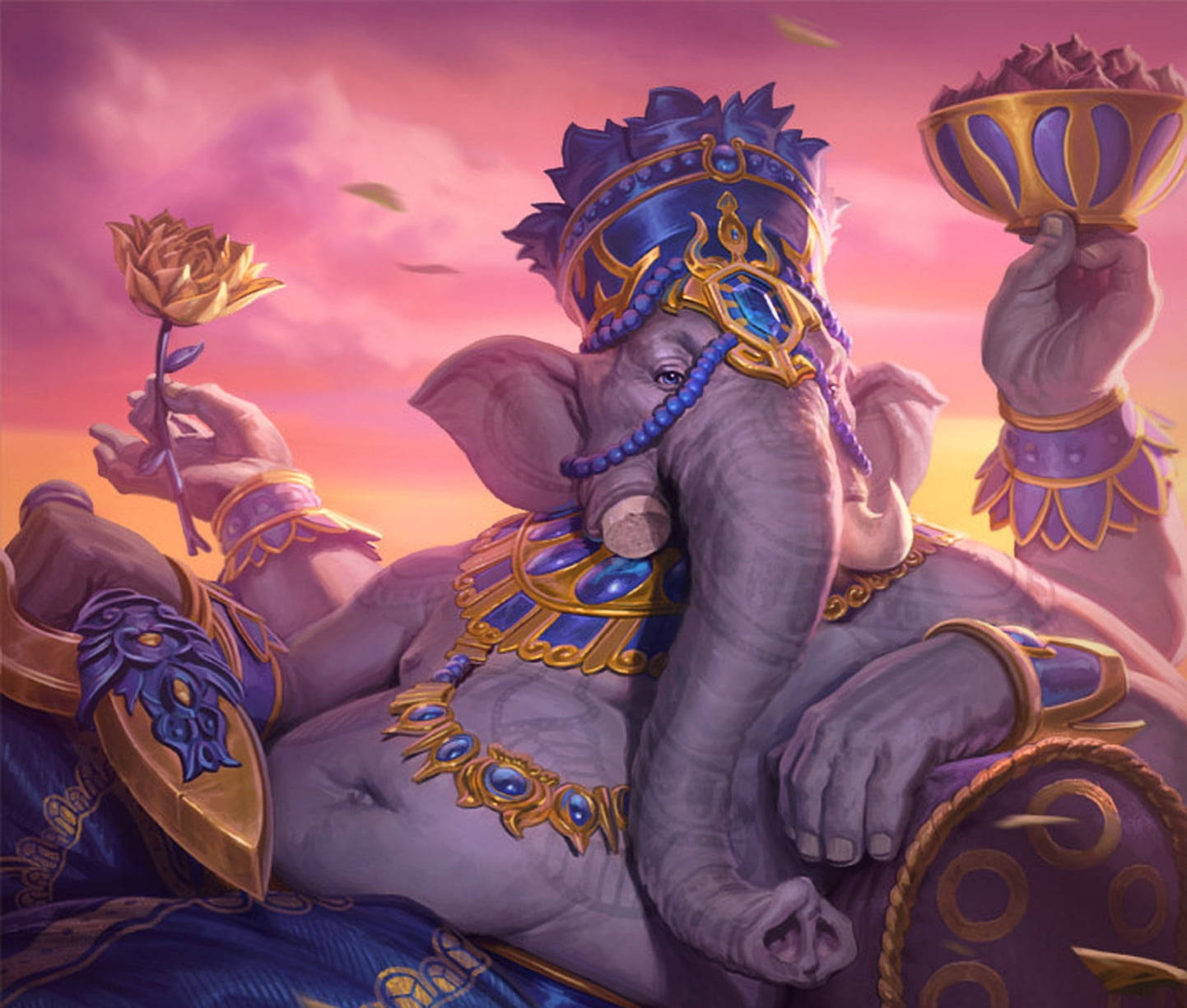 Ganesh Ji, purple elephant god, gold and blue jewels, HD Desktop Wallpaper