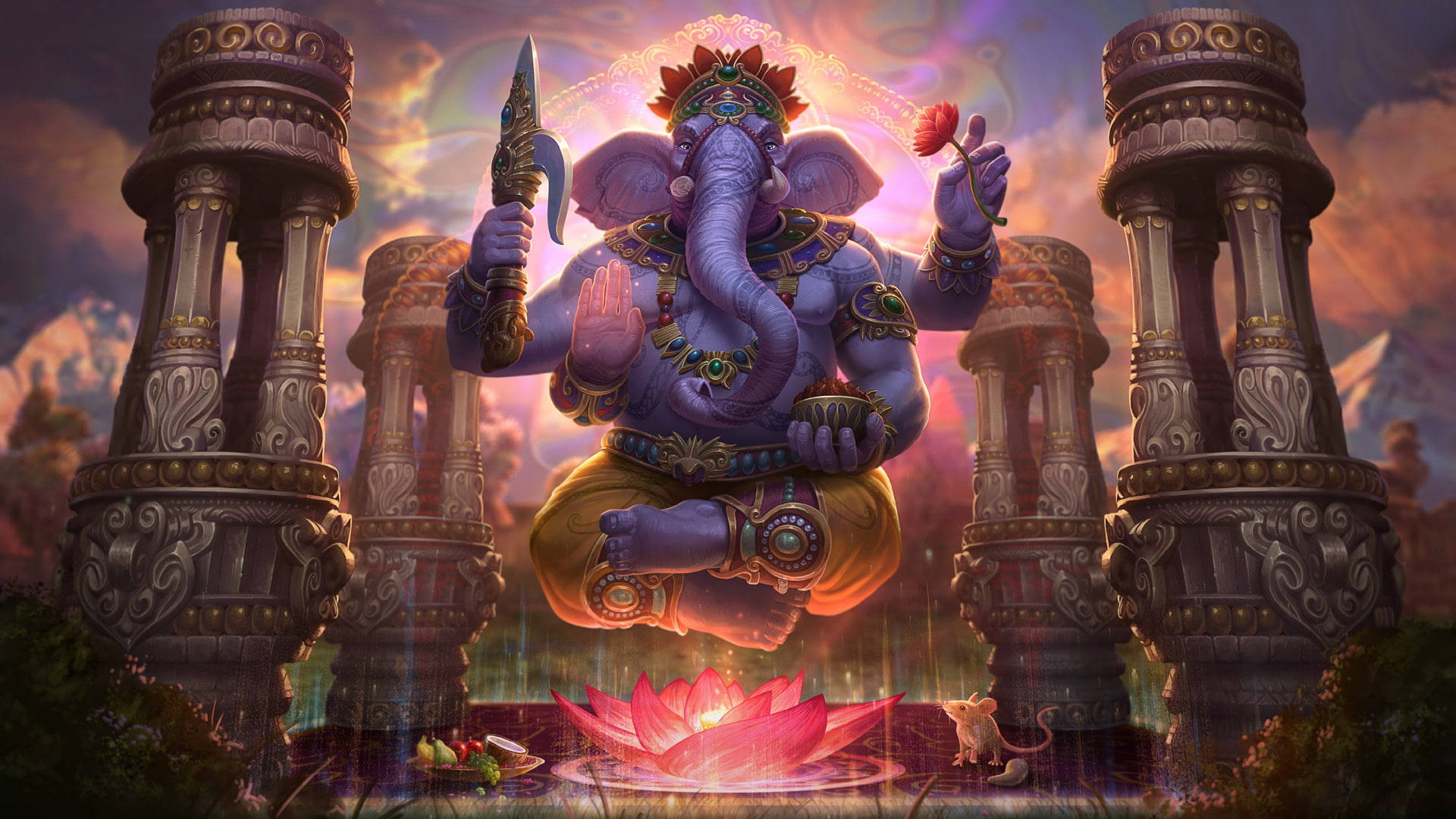 Ganesh, purple elephant-headed deity, glowing lotus, Full HD Desktop Wallpaper