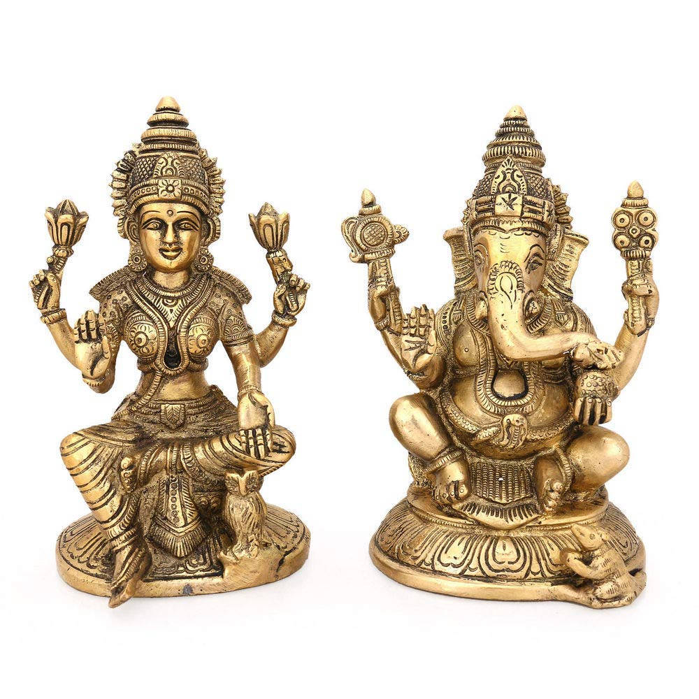 Ganesh Lakshmi, golden, Hindu deity statues, SD Desktop Wallpaper