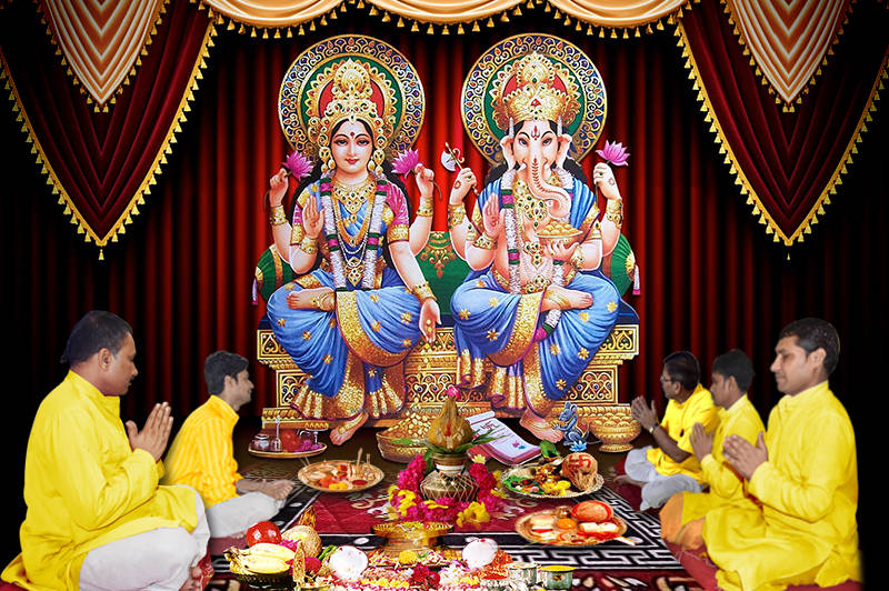 Ganesh, Lakshmi, yellow robes, SD Desktop Wallpaper
