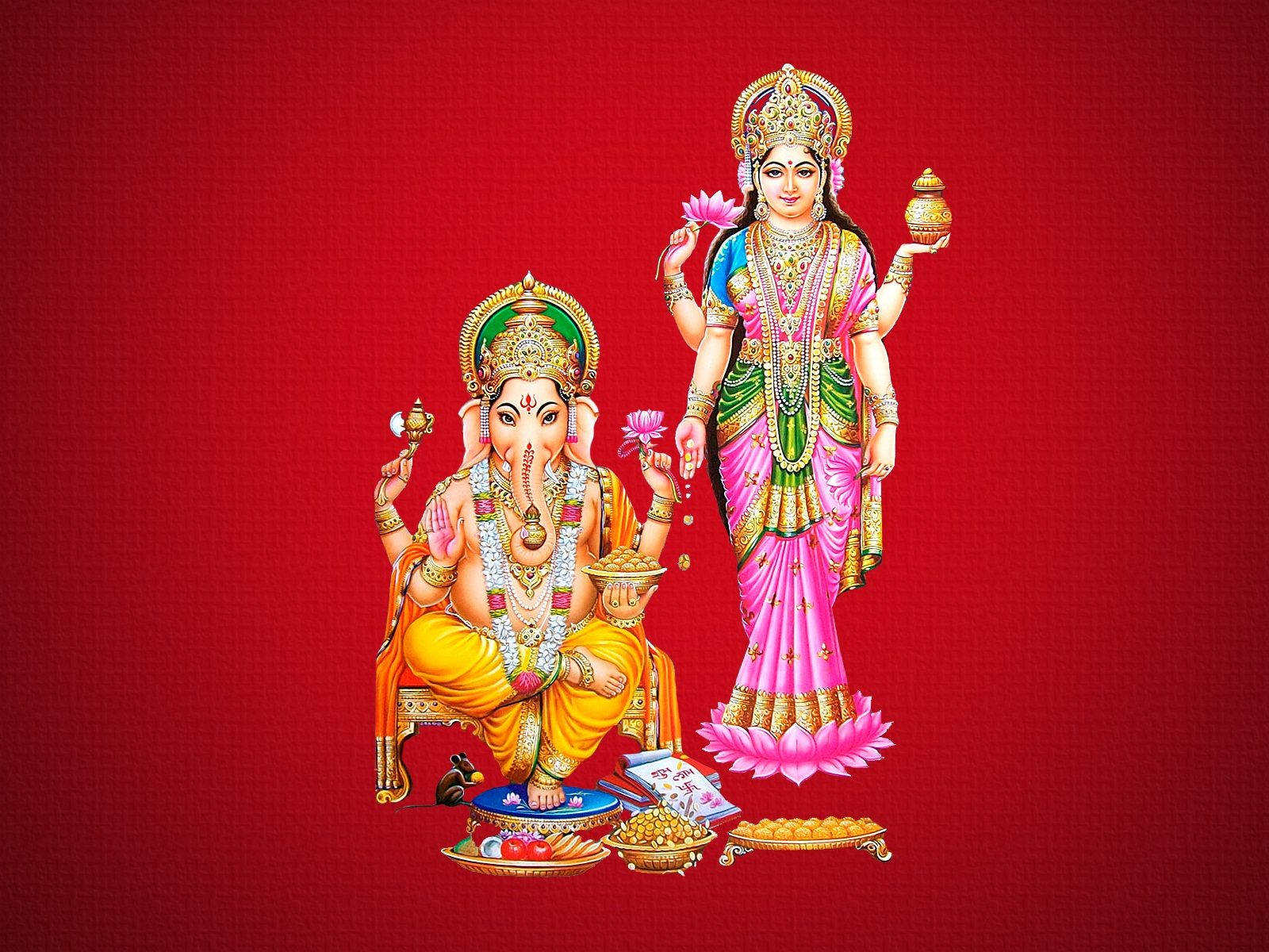 Ganesh, Lakshmi, red textured background, HD Desktop Wallpaper