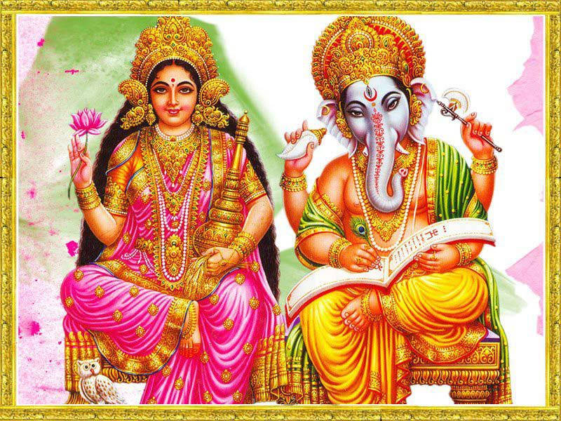 Ganesh Lakshmi, golden crown, vibrant pink and gold attire, SD Desktop Wallpaper