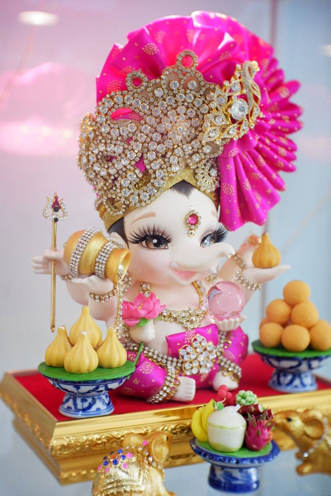 Ganesha, pink headdress, glittering pink and gold, HD Phone Wallpaper