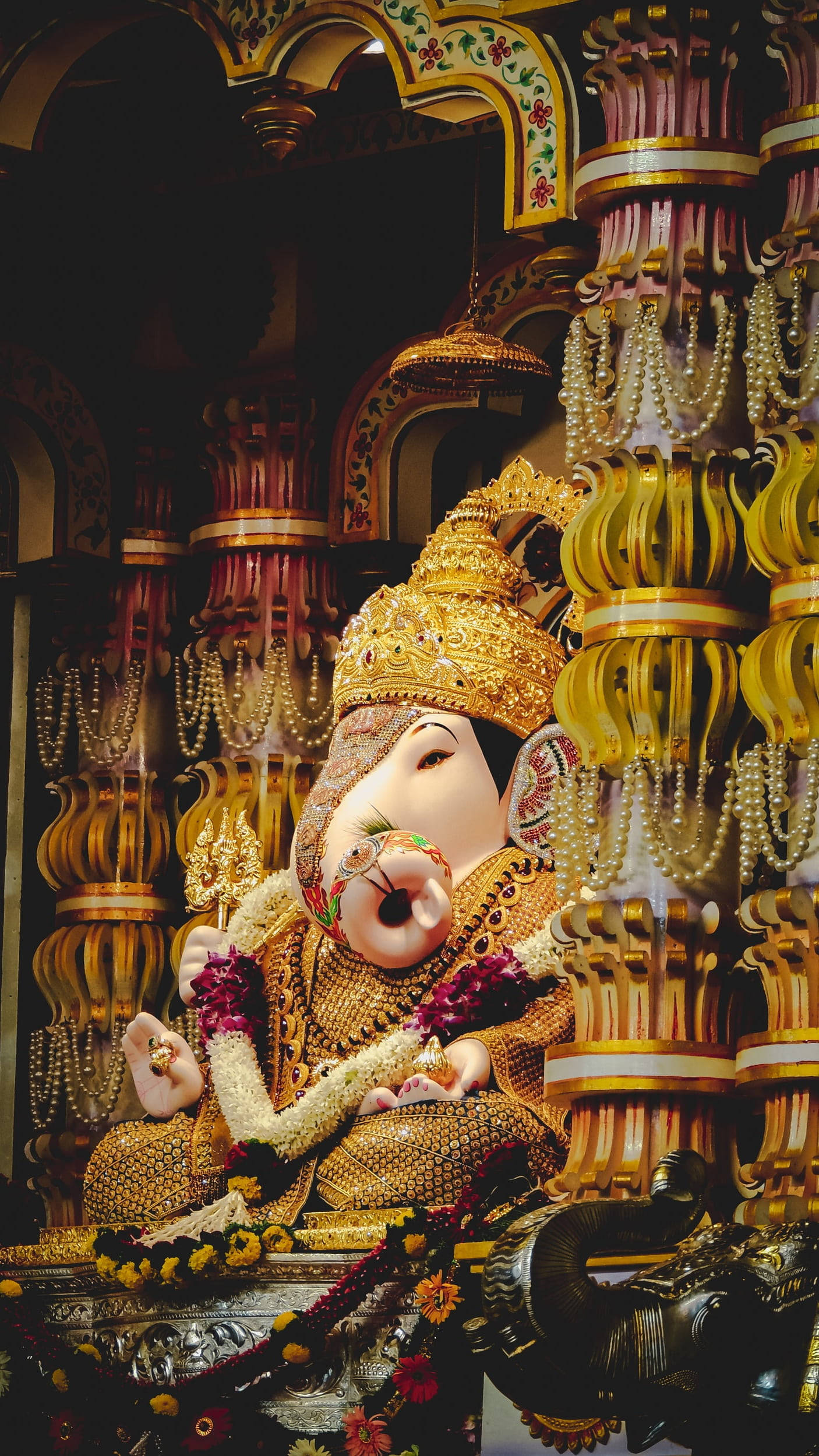 Ganesha, golden statue, temple shrine, Full HD Phone Wallpaper