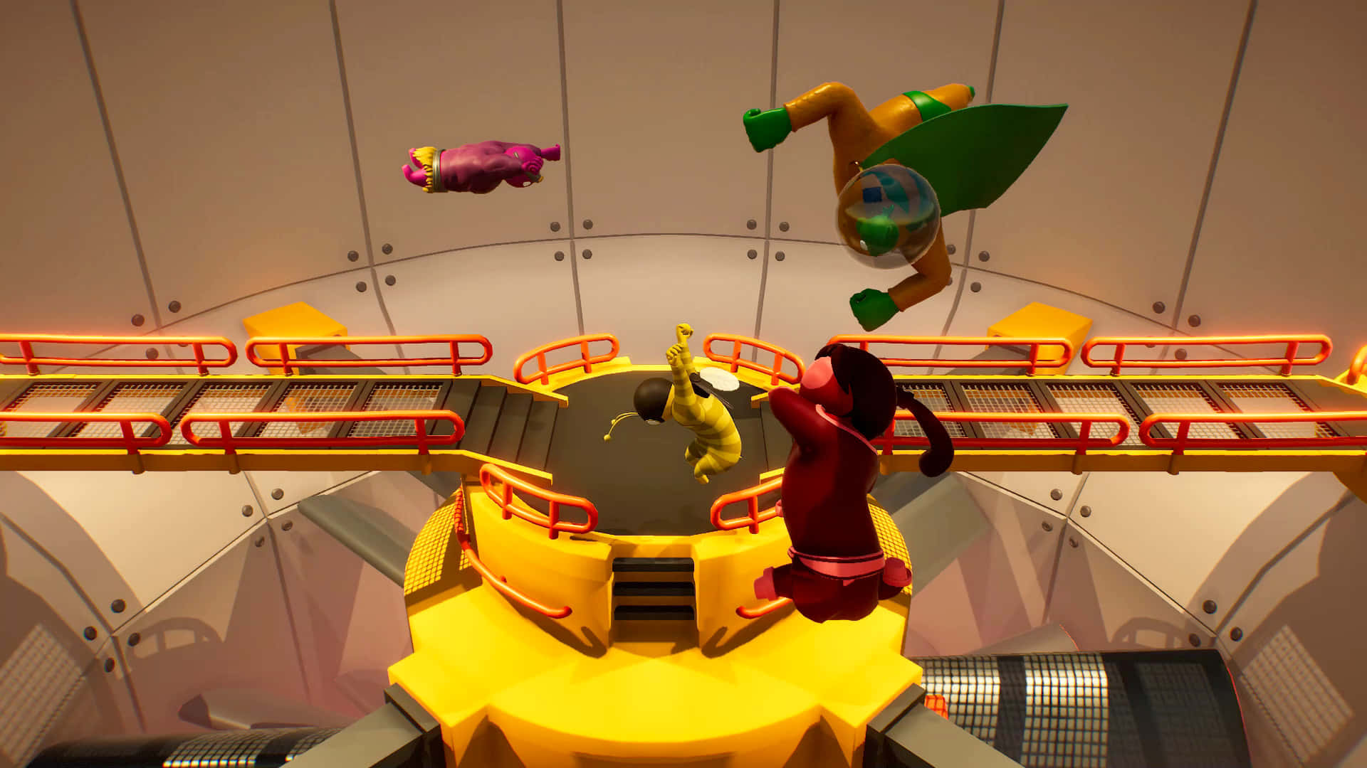 Gang Beast, yellow and green robot, futuristic yellow and orange industrial arena, Full HD Desktop Wallpaper