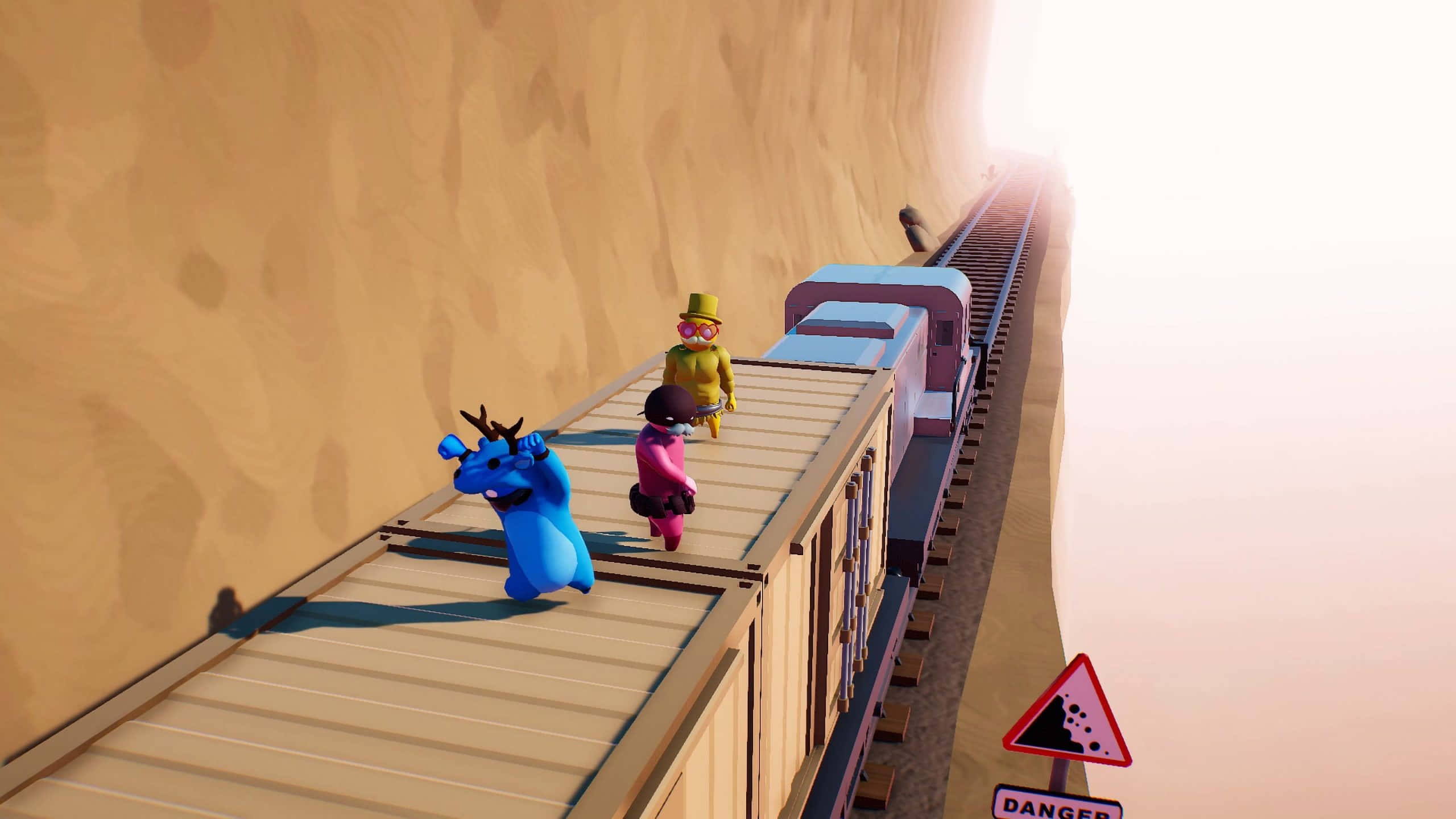 Gang Beast, cartoon train, two people, 2K Desktop Wallpaper