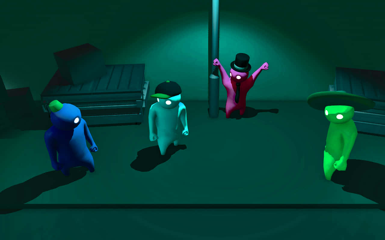 Gang Beast, dim green-lit industrial space, dancing in a top hat, HD Desktop Wallpaper