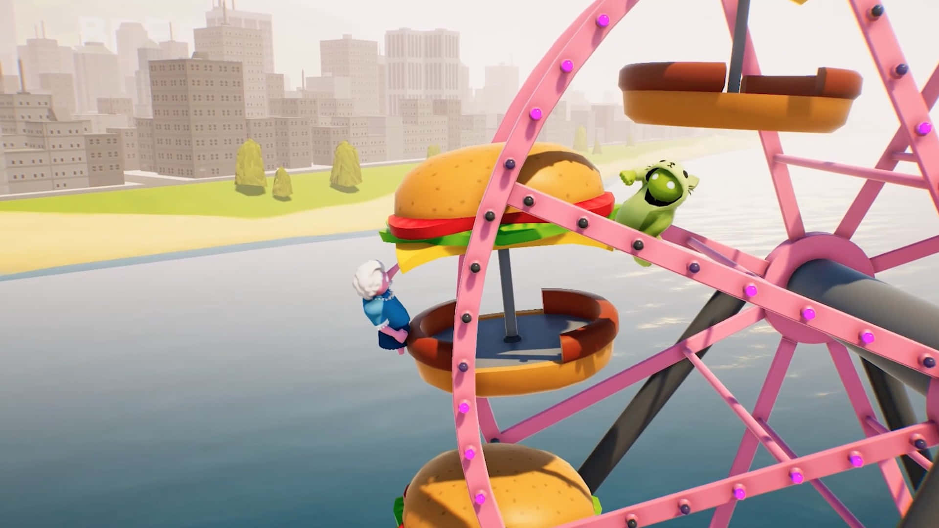Gang Beast, pink Ferris wheel, burger seats, Full HD Desktop Wallpaper