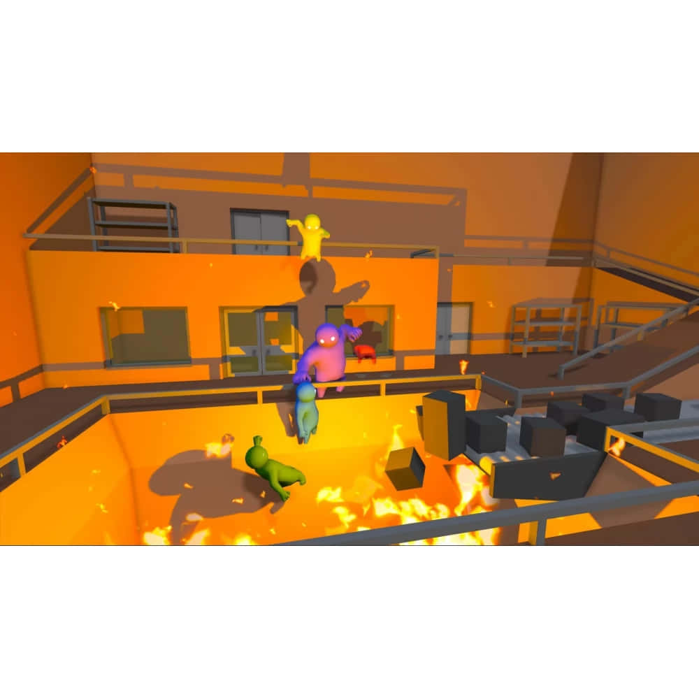 Gang Beast, colorful blob characters, fiery industrial arena, SD Desktop Wallpaper