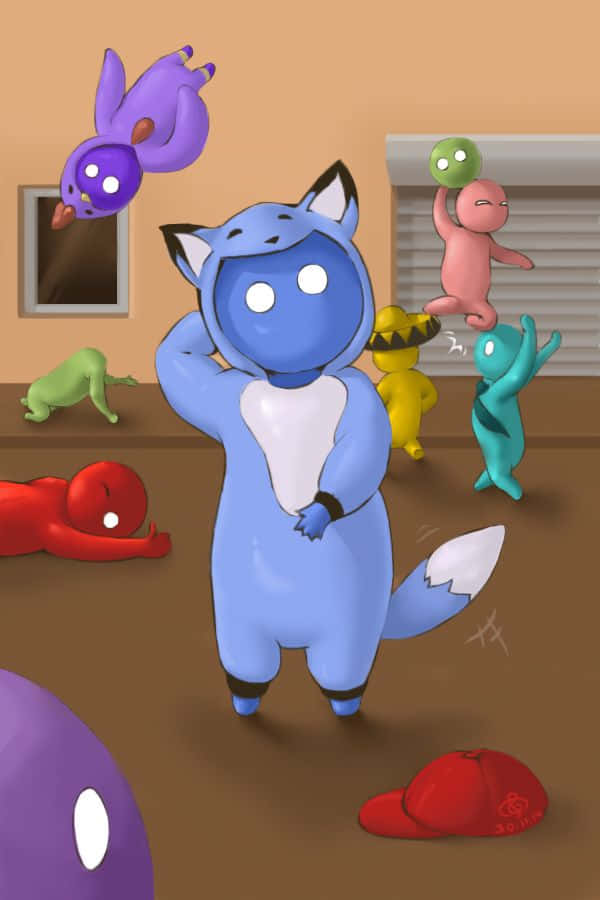 blue fox-like creature, colorful blob characters, warm-toned room, SD Phone Wallpaper
