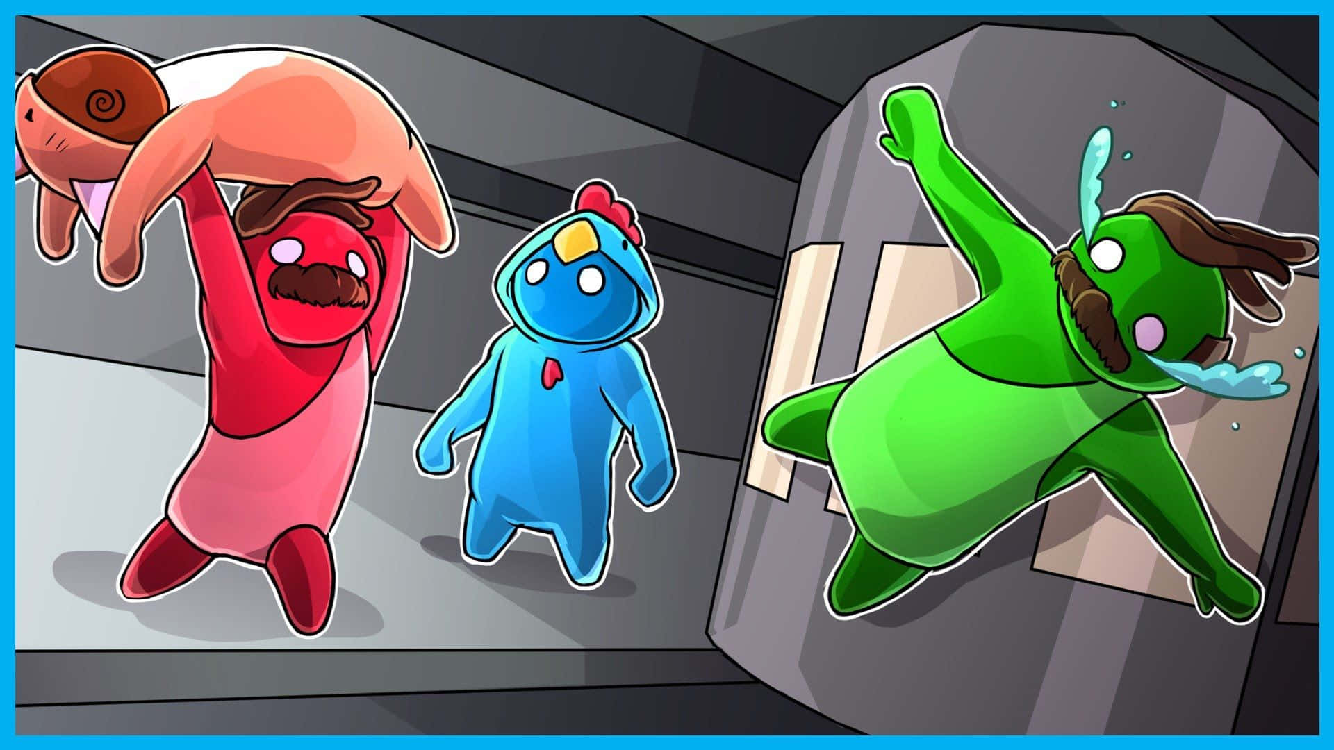 Gang Beast, futuristic corridor, red blob character with mustache, Full HD Desktop Wallpaper
