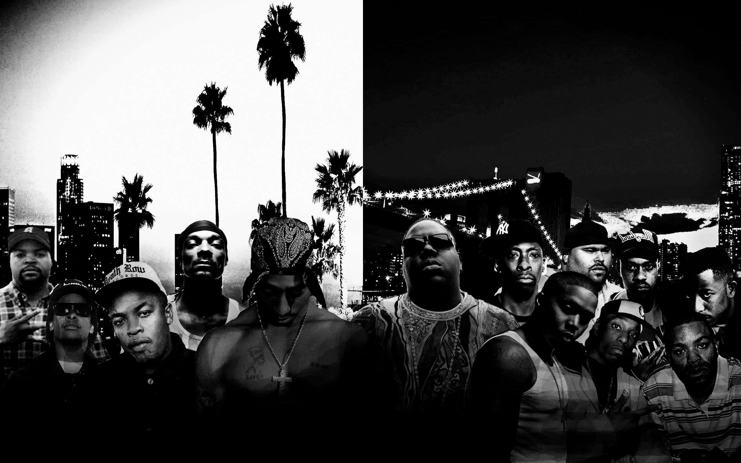Black Gangster 90s Rappers, split black and white photo, group of men, 2K Desktop Wallpaper