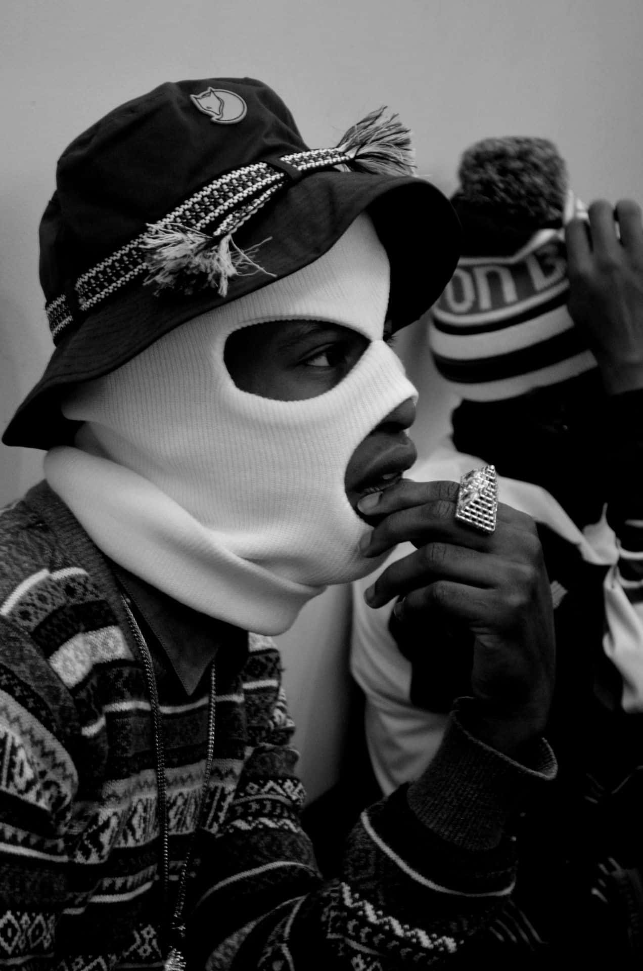 black gangster, ski mask, white balaclava, Full HD Phone Wallpaper