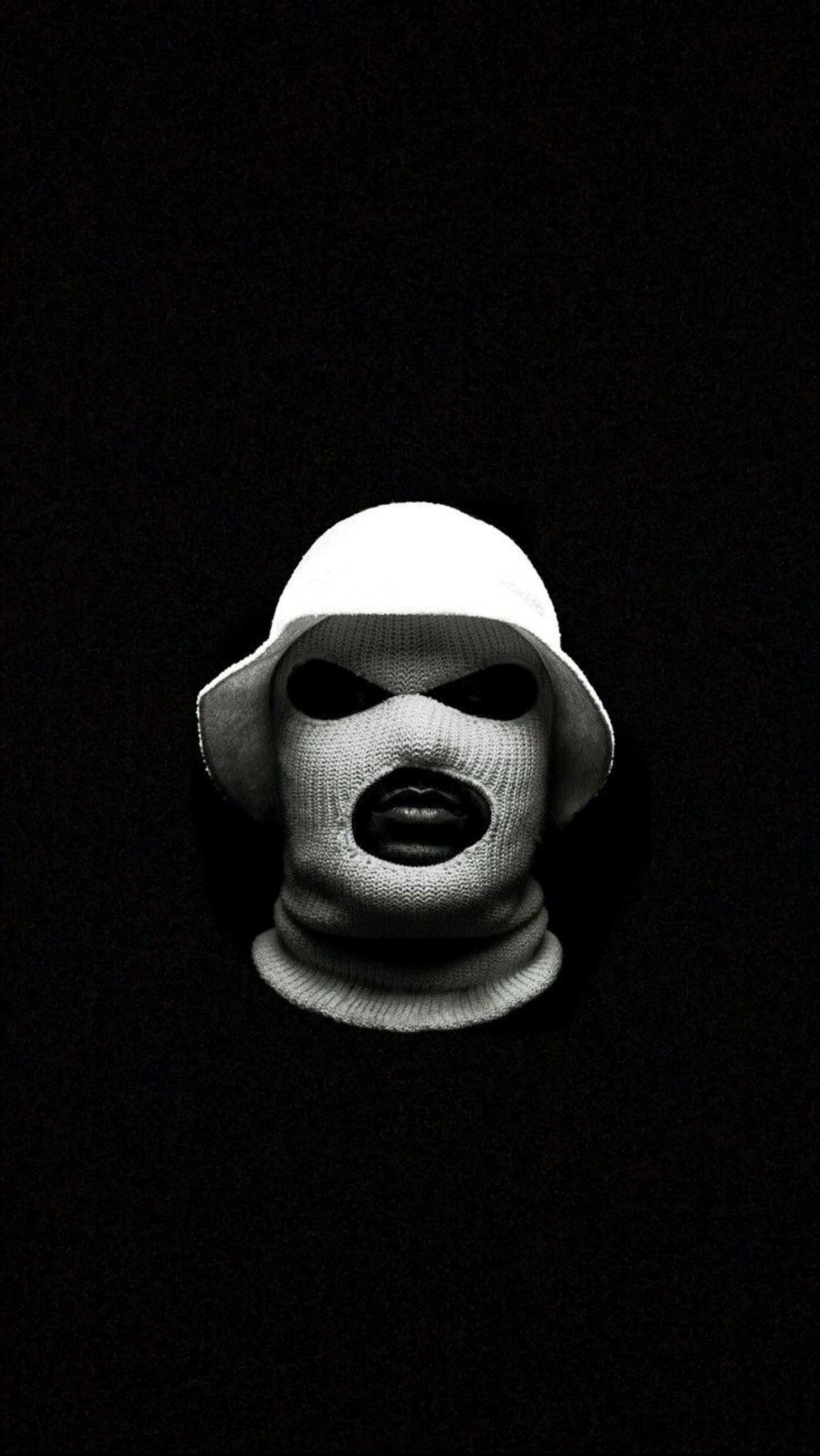 black gangster, white knit balaclava, cutout eyes, 4K Phone Wallpaper