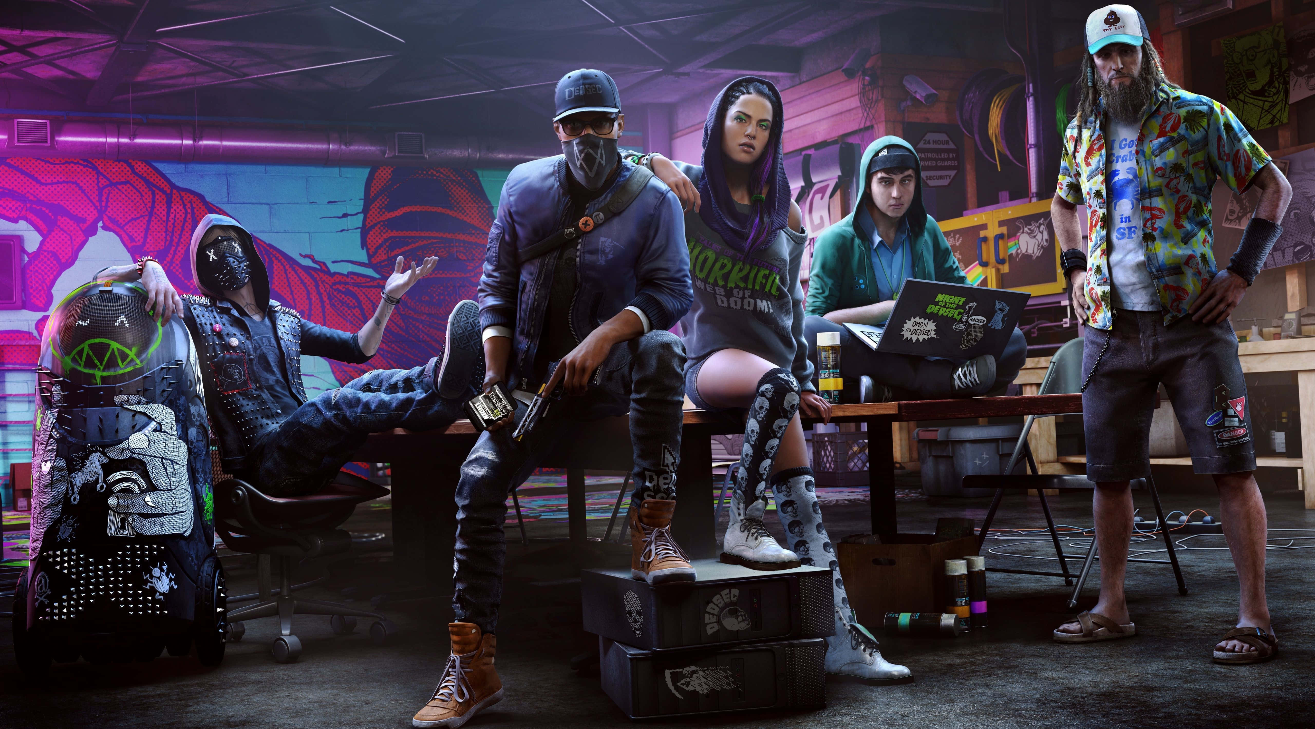 Gang, graffiti-covered garage, neon lights, 5K Desktop Wallpaper