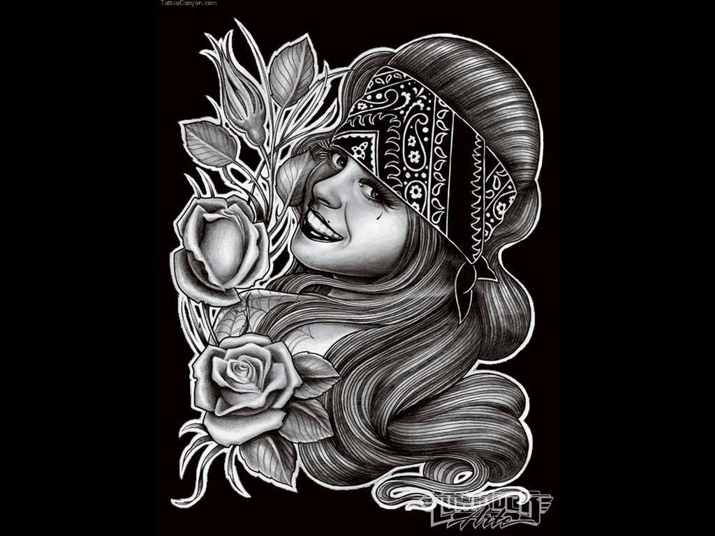 Gangsta Cartoon, black and white illustration, smiling woman, SD Desktop Wallpaper