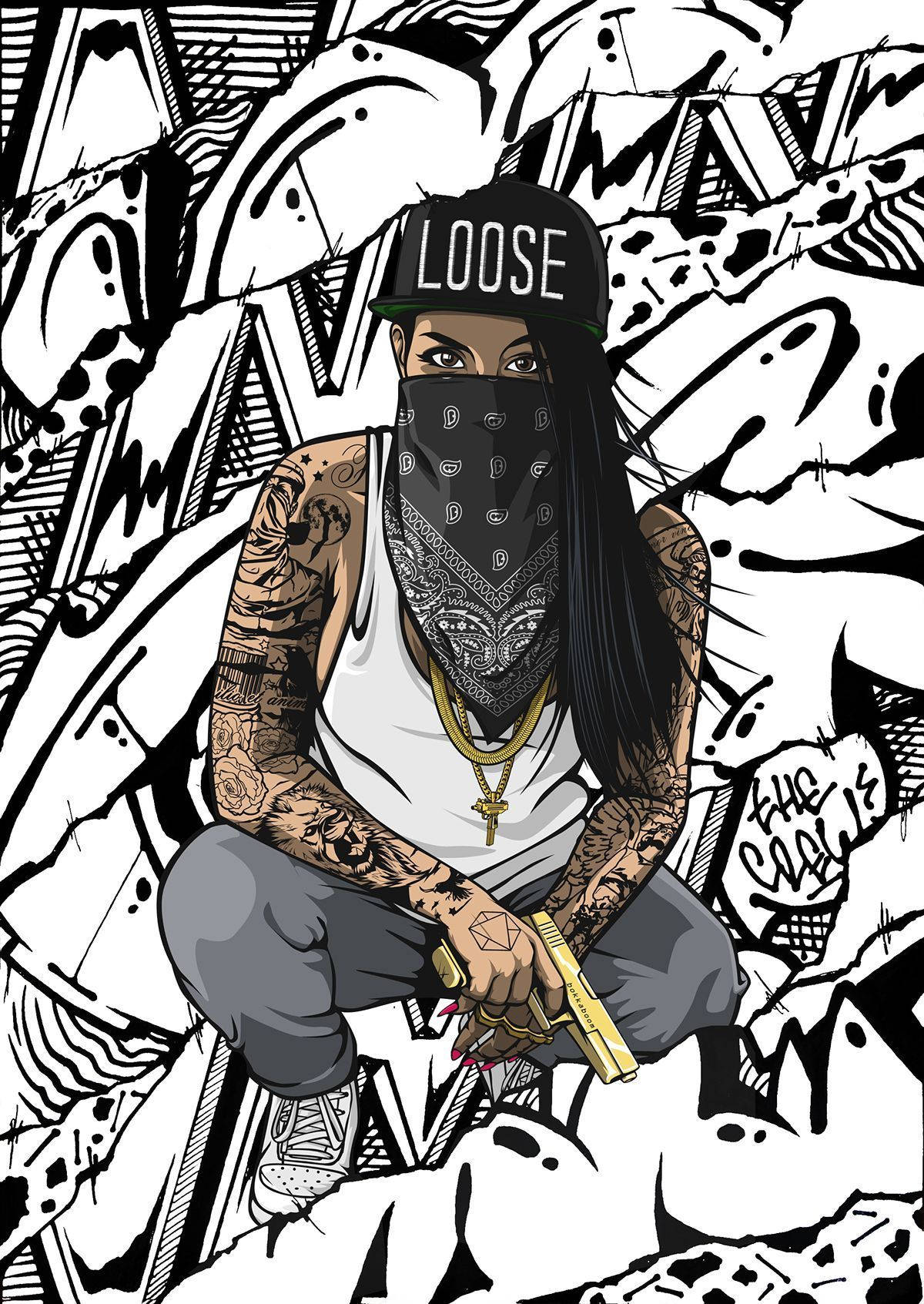 Cool Woman Gangster Cartoon, tattooed figure, LOOSE cap, HD Phone Wallpaper