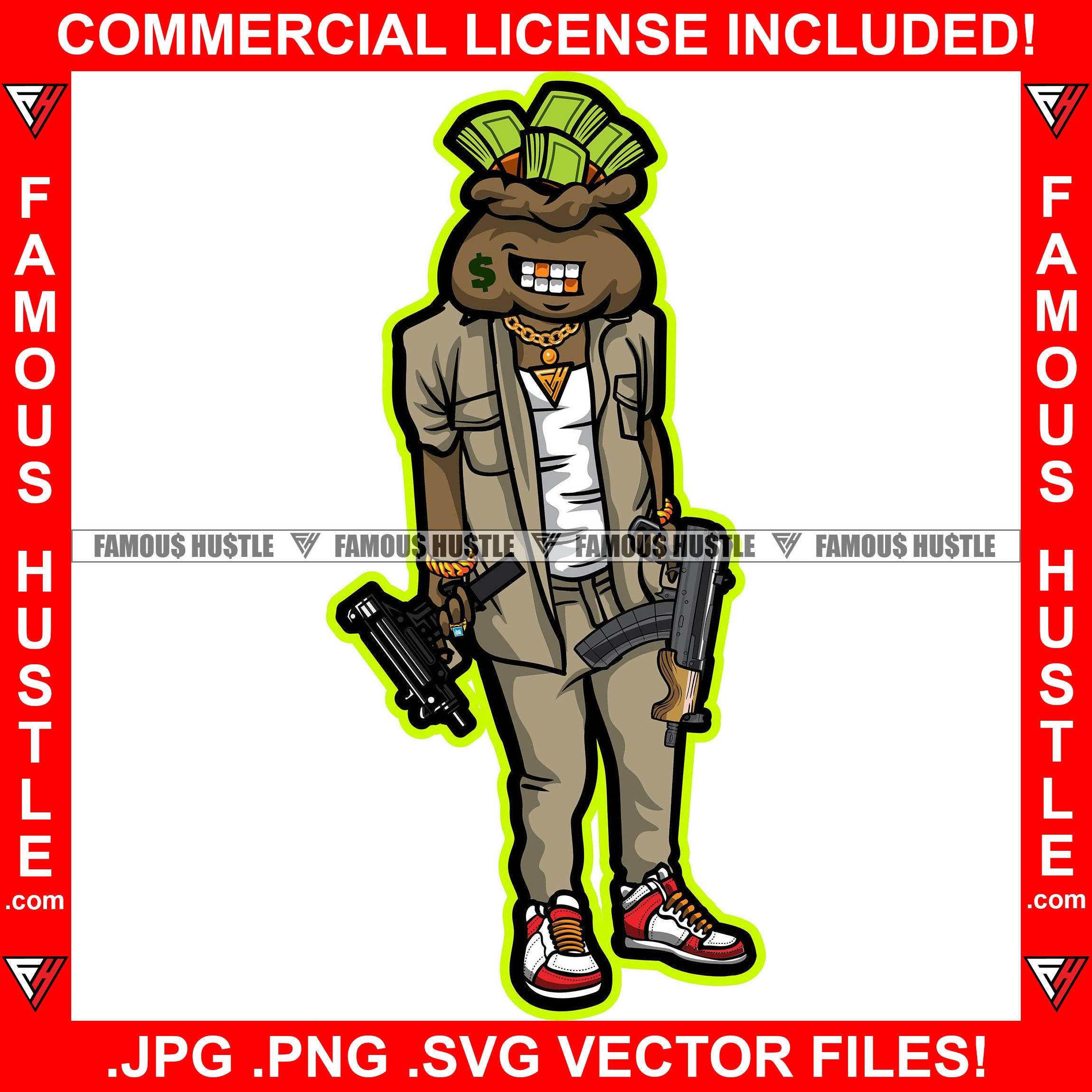 Gangsta Cartoon, cartoon money bag character, dollar bills on head, Full HD Desktop Wallpaper