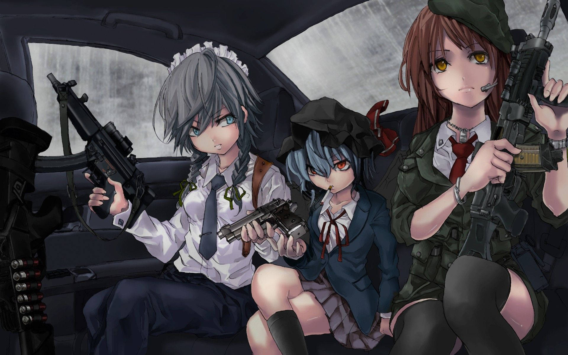 Gangsta Cartoon, anime girls, school uniforms, Full HD Desktop Wallpaper