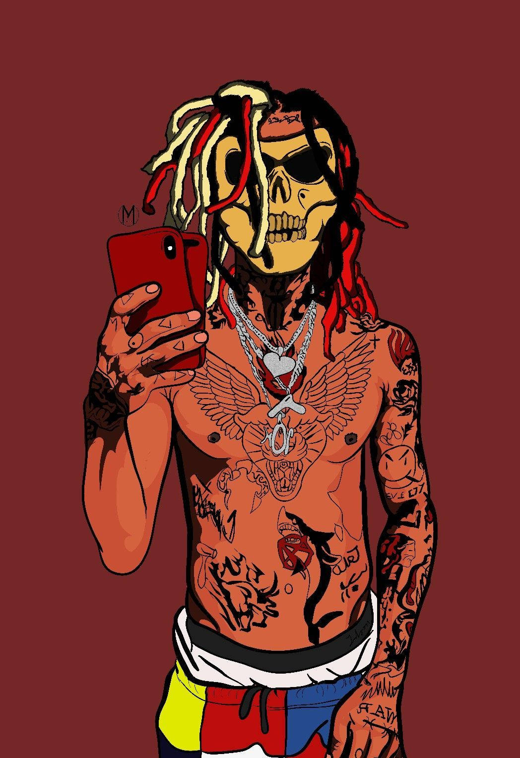 skull mask gangster, skeleton with dreadlocks, red phone, HD Phone Wallpaper