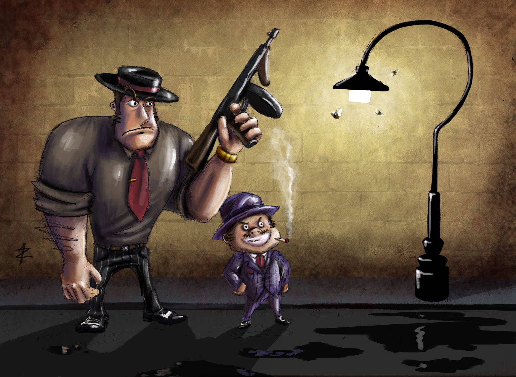street light, submachine gun, purple suit, HD Desktop Wallpaper