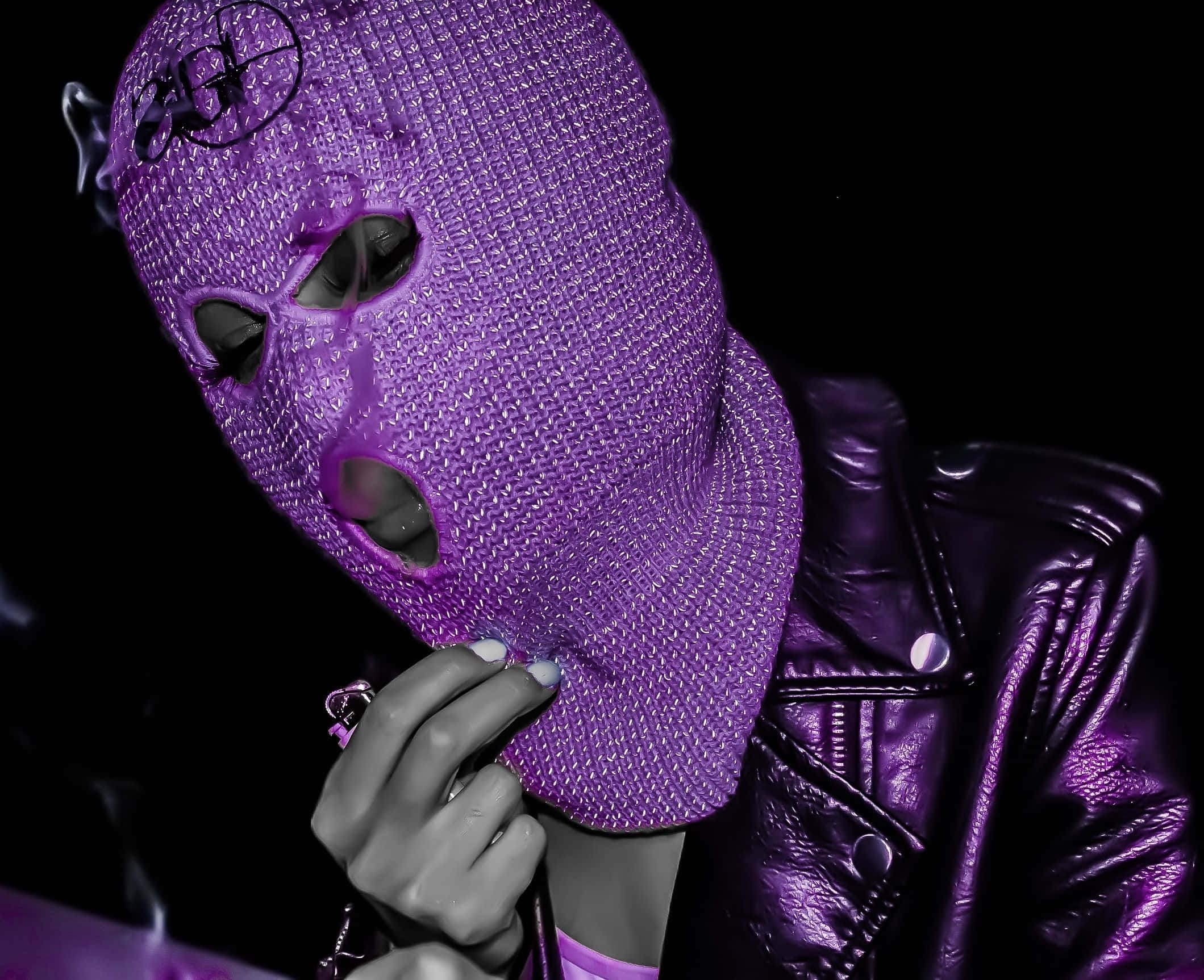purple ski mask, glittering purple balaclava, matching leather jacket, Full HD Desktop Wallpaper