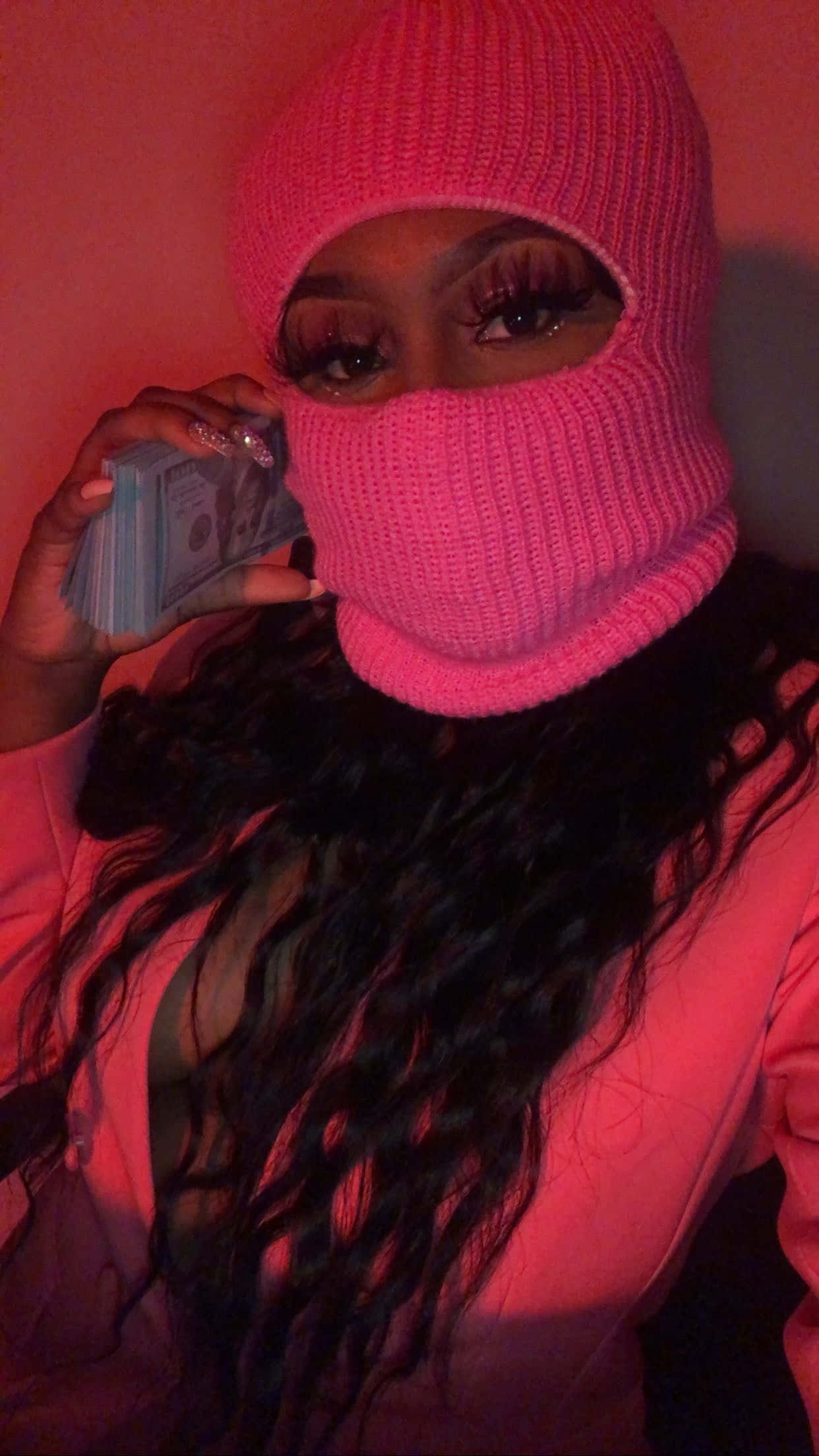 pink knit balaclava, stack of cash, pink lighting, Full HD Phone Wallpaper