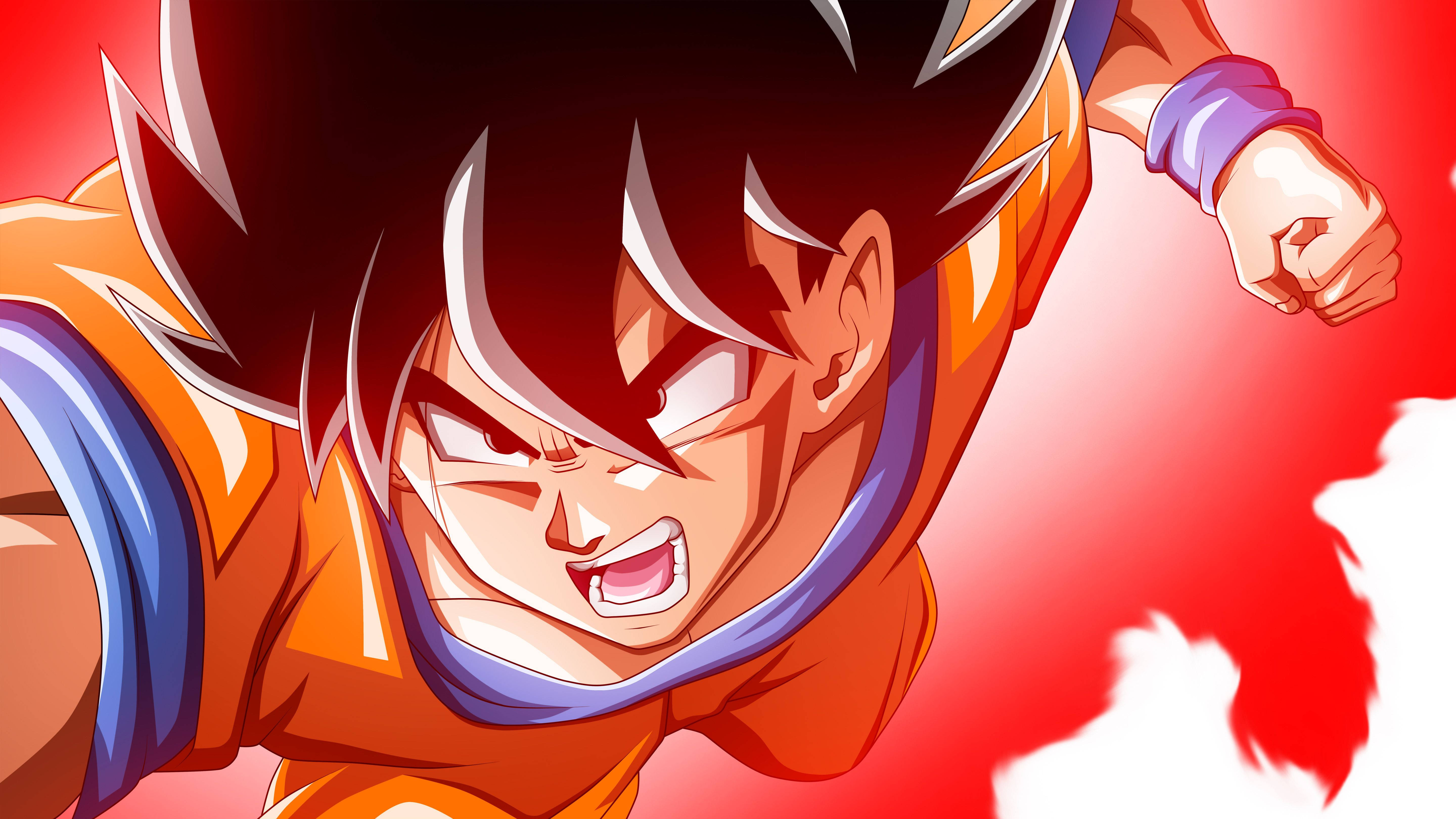 Goku, orange and blue gi, fiery red background, 5K Desktop Wallpaper