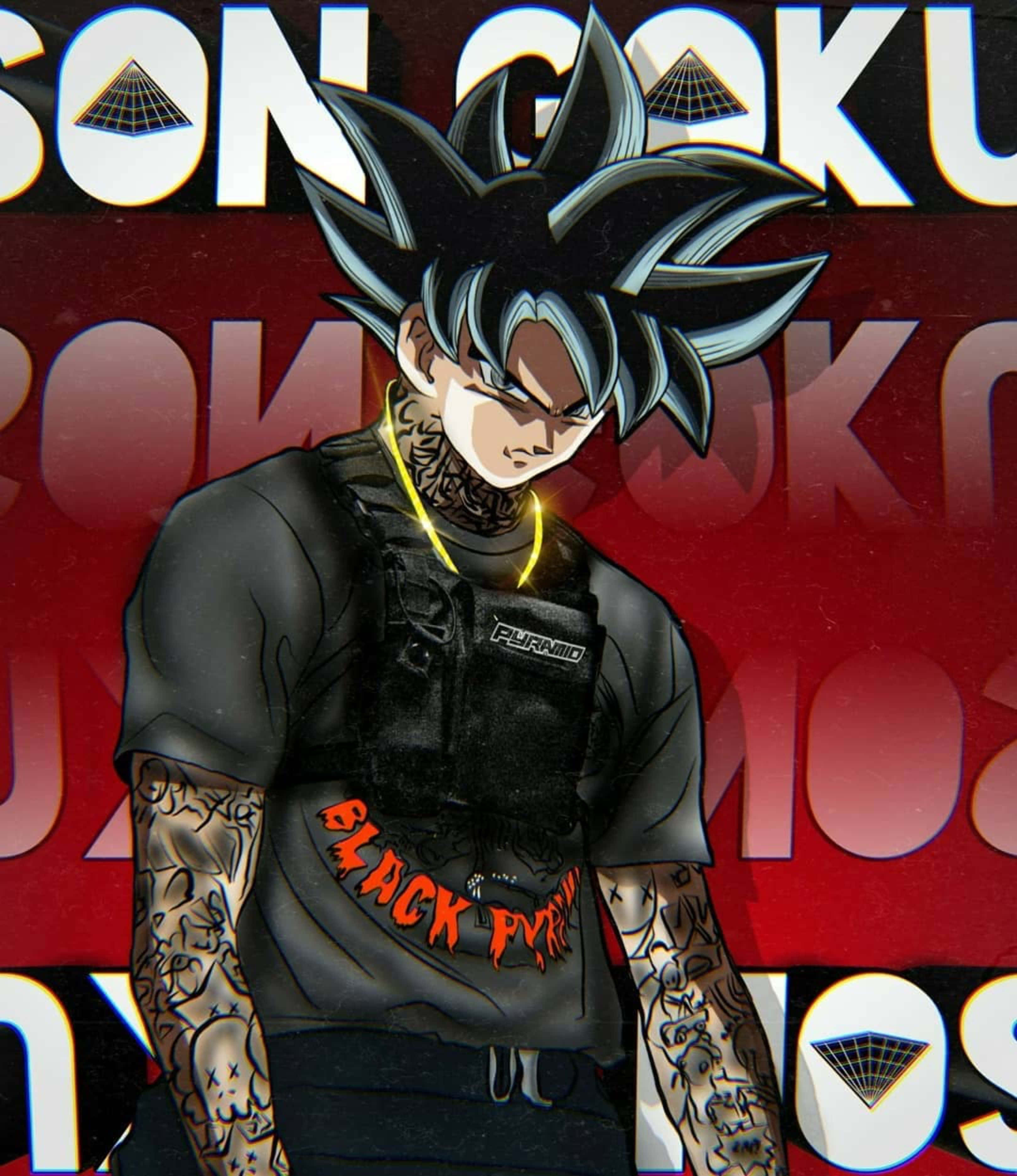 Gangster Goku, spiky black hair, tattoos, 2K Phone Wallpaper