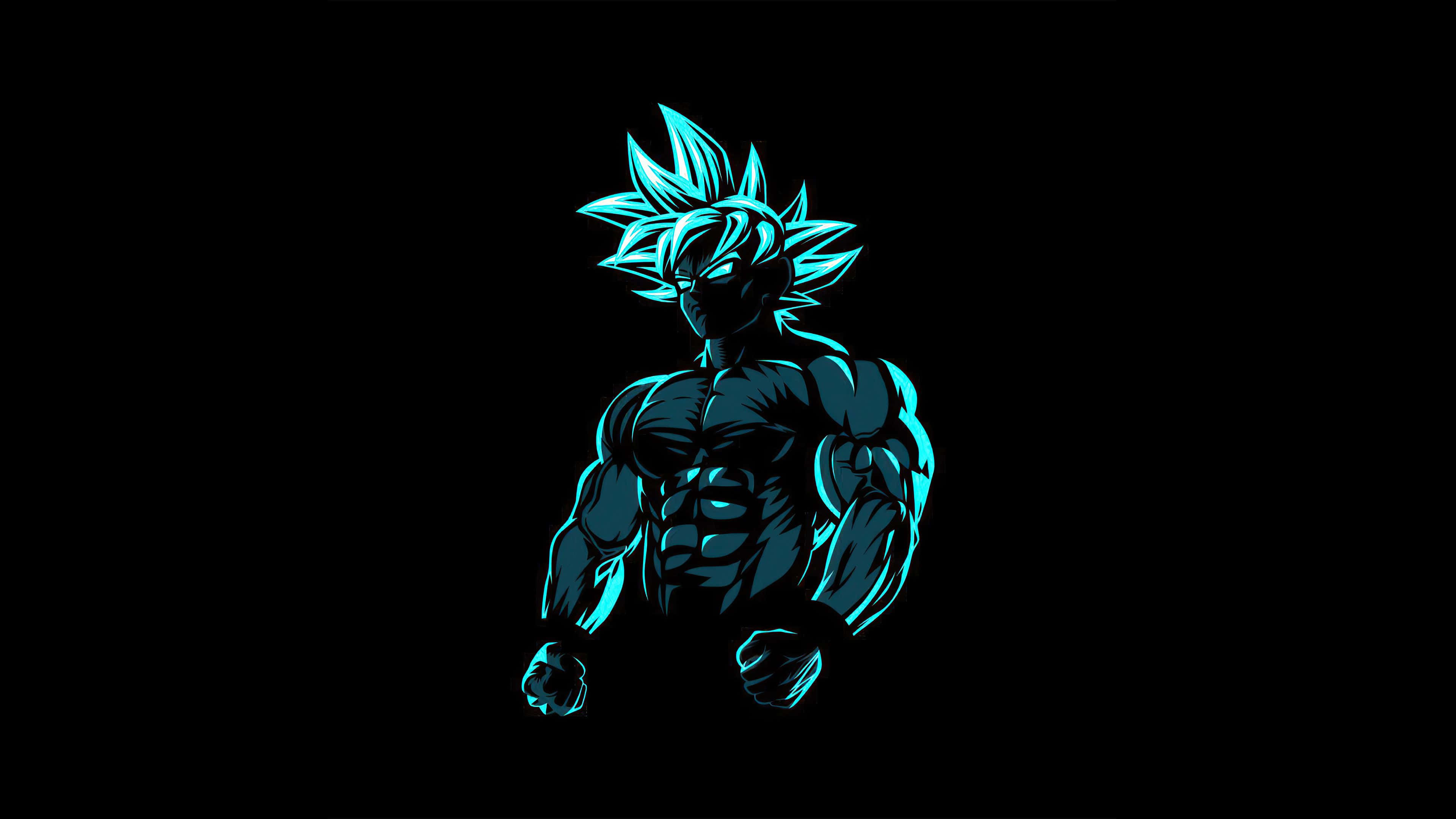 Gangster Goku, glowing cyan silhouette, muscular anime warrior, 4K Desktop Wallpaper