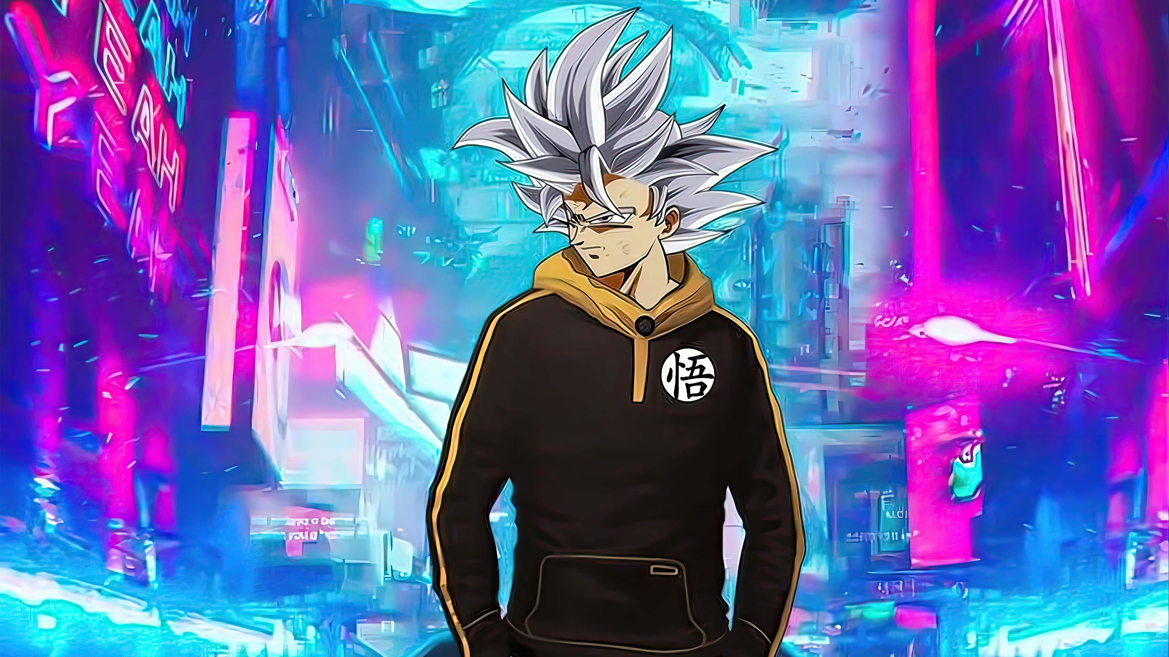 Gangster Goku, spiky silver-haired anime character, black hoodie, 4K Desktop Wallpaper