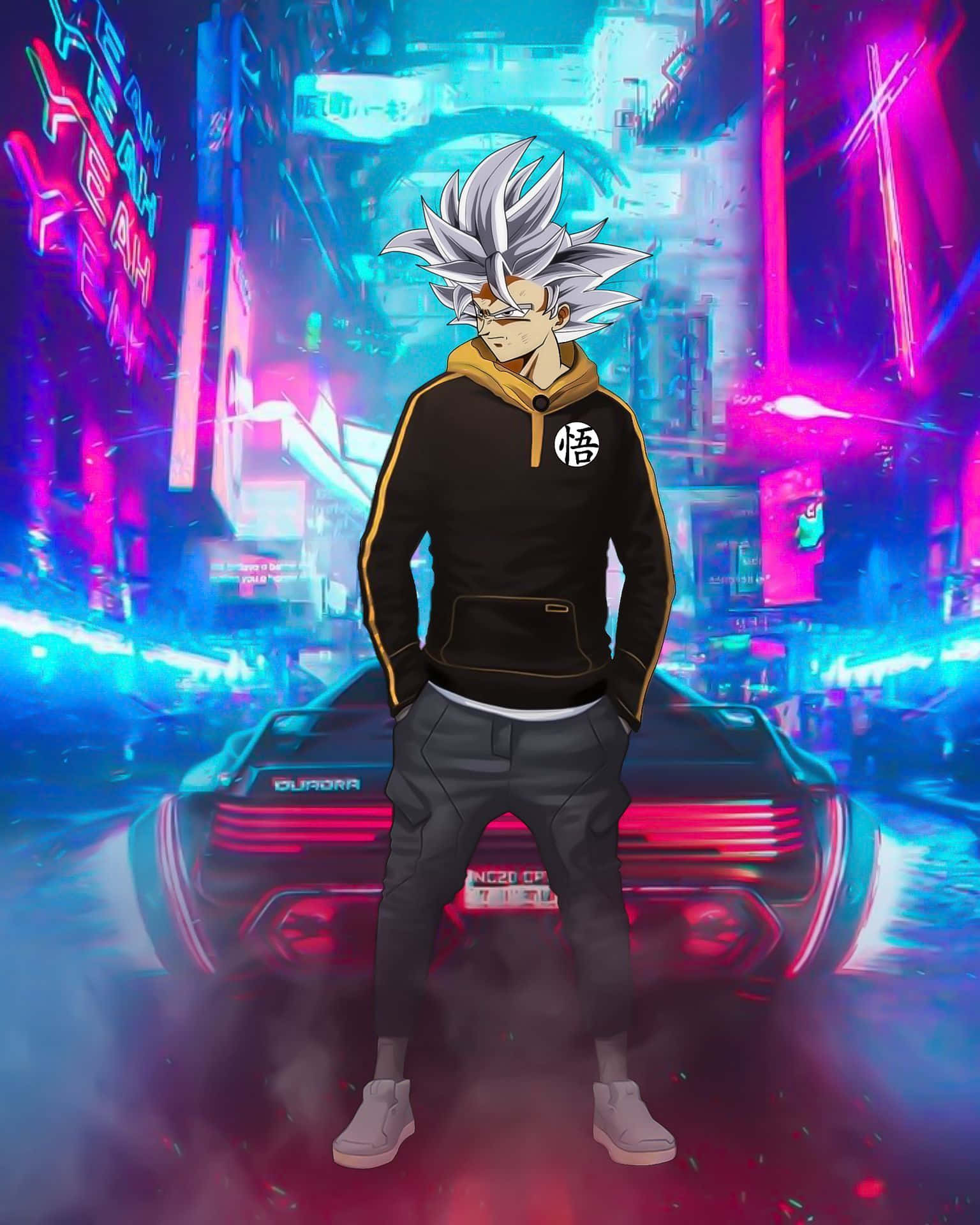 Gangster Goku, neon-drenched cyberpunk cityscape, glowing signs, Full HD Phone Wallpaper