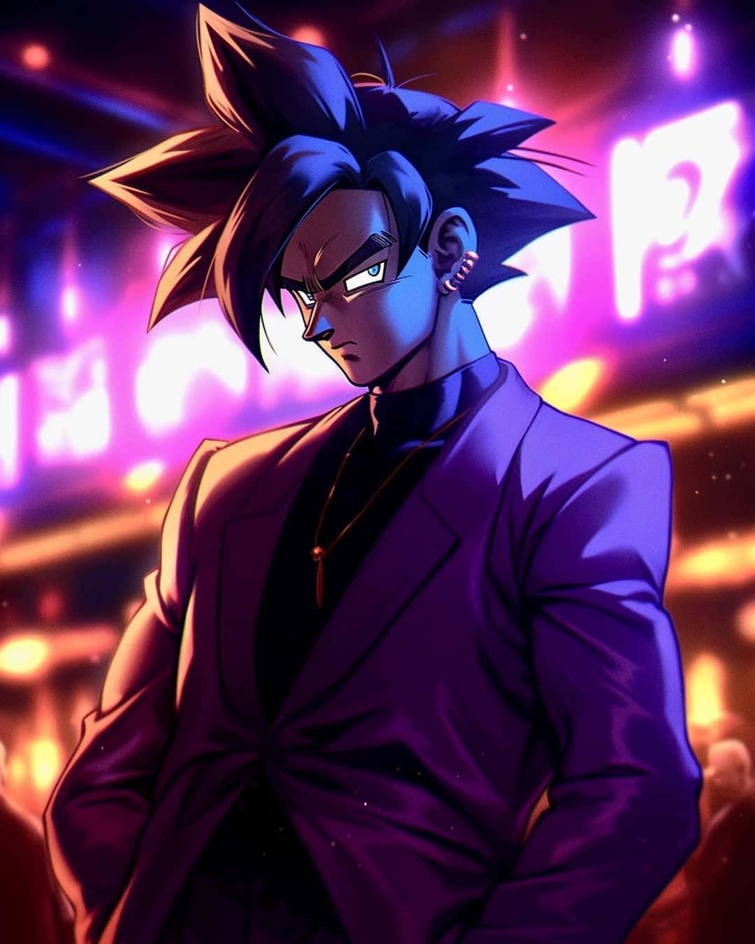Gangster Goku, purple suit, neon cityscape, HD Phone Wallpaper