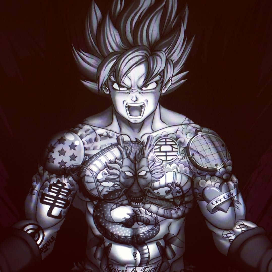 Gangster Goku, tattoo art, muscular anime warrior, SD Desktop Wallpaper