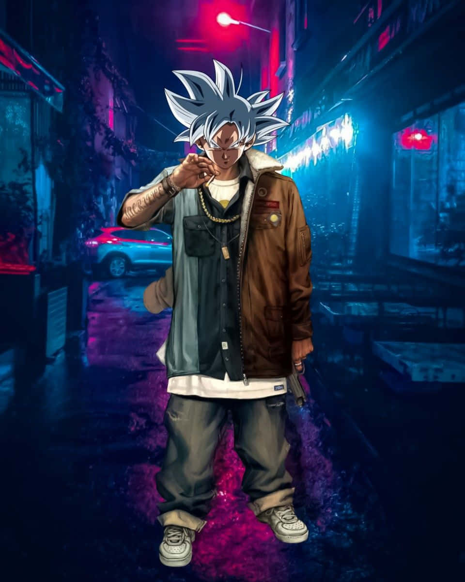 Gangster Goku, spiky-haired anime character, layered streetwear, SD Phone Wallpaper