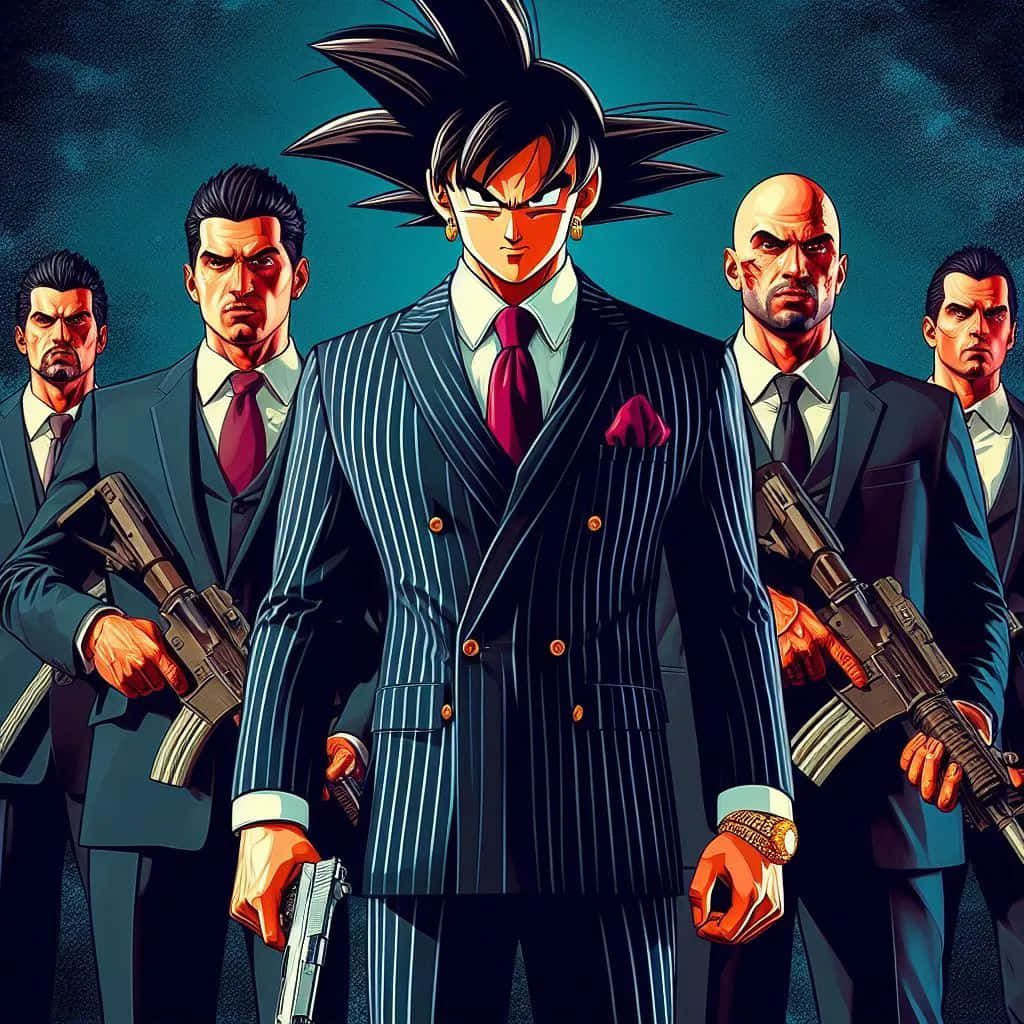 Gangster Goku, pinstripe suit, pistol, SD Desktop Wallpaper