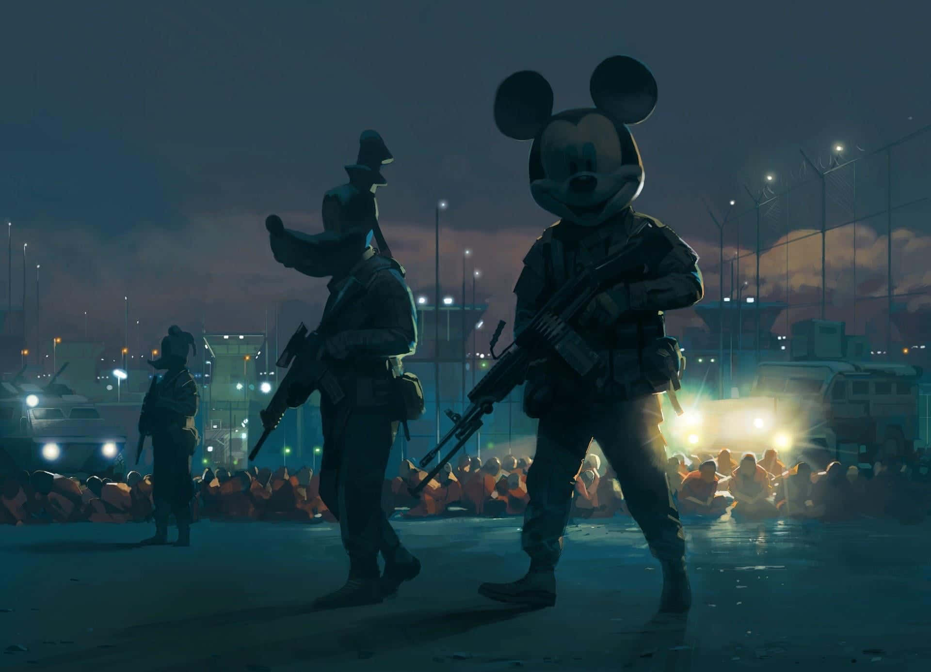 Gangster Mickey Mouse, military uniform, armed guards, Full HD Desktop Wallpaper