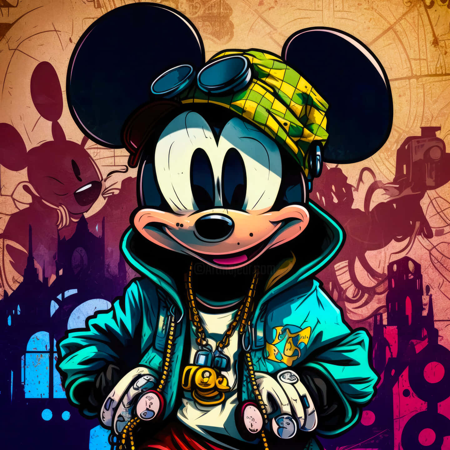 Gangster Mickey Mouse, teal hoodie, yellow bandana, HD Desktop Wallpaper
