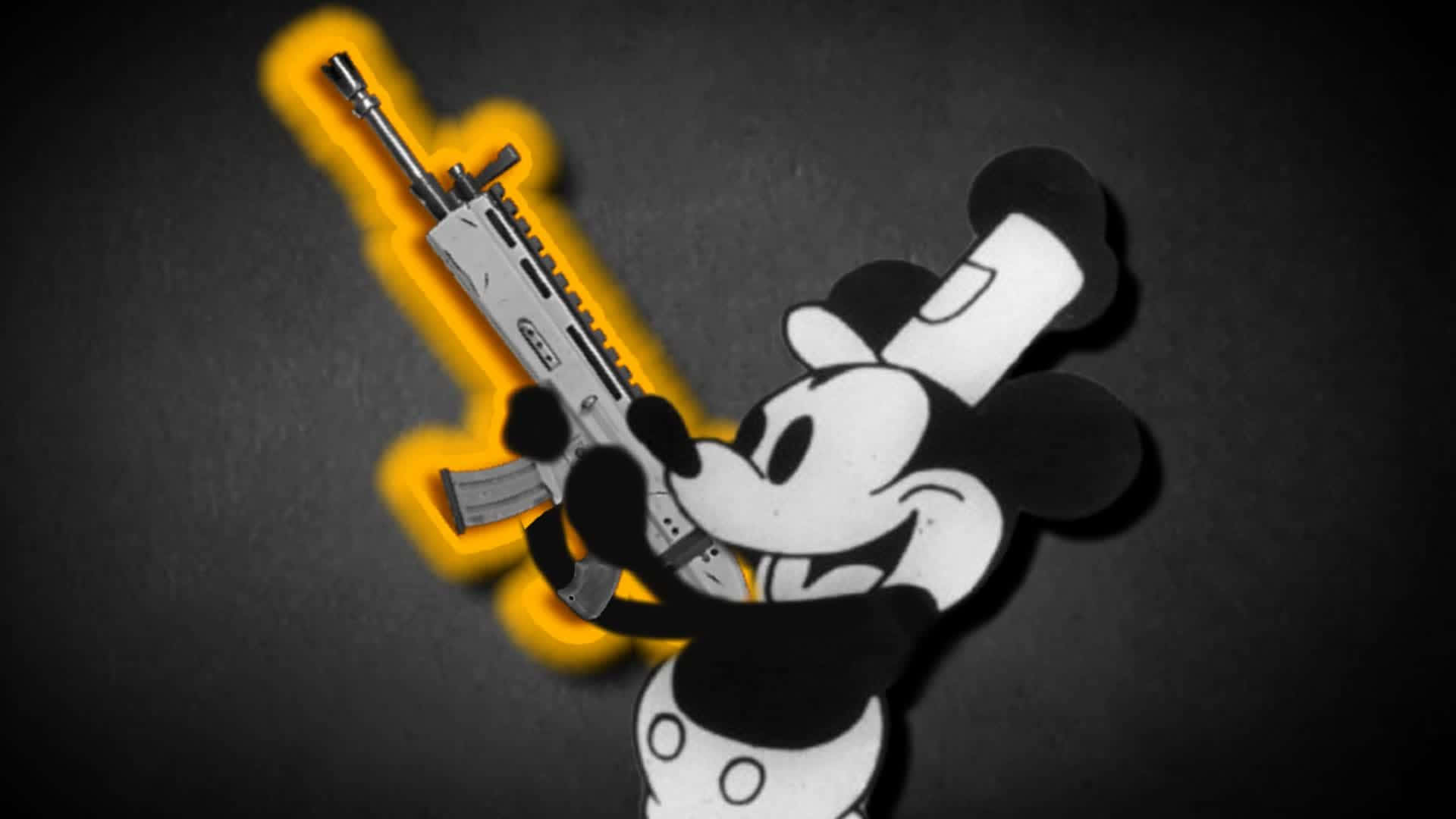 Gangster Mickey Mouse, modern assault rifle, glowing yellow aura, Full HD Desktop Wallpaper