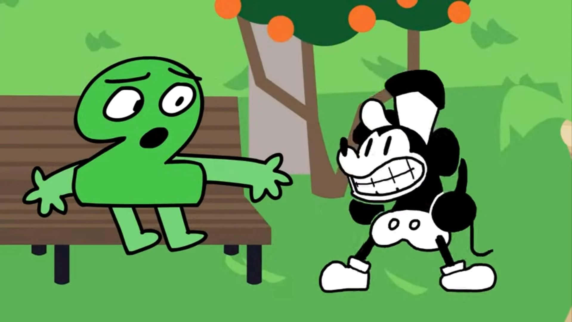 Gangster Mickey Mouse, green character, bench, HD Desktop Wallpaper