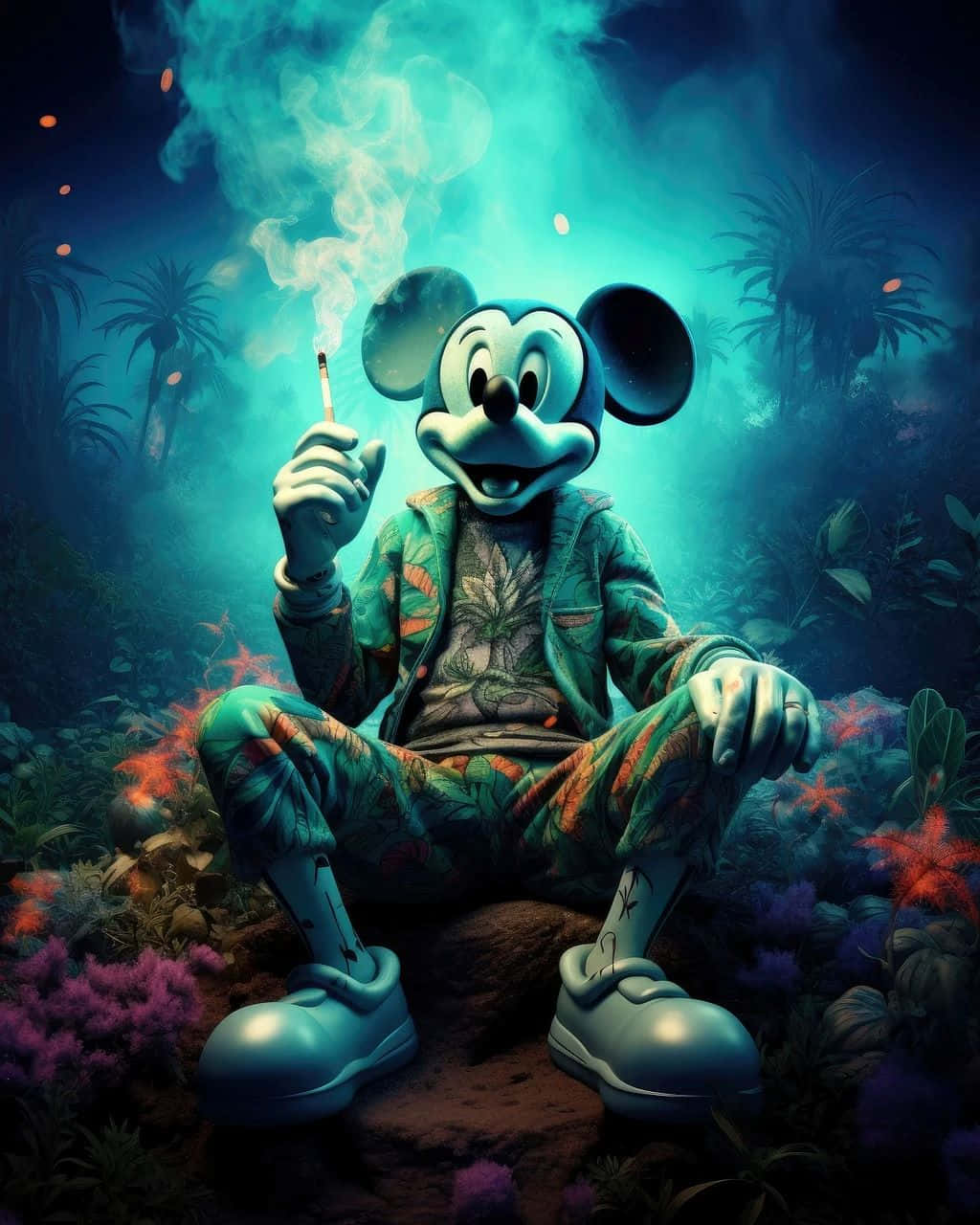 Gangster Mickey Mouse, neon jungle, turquoise smoke, HD Phone Wallpaper
