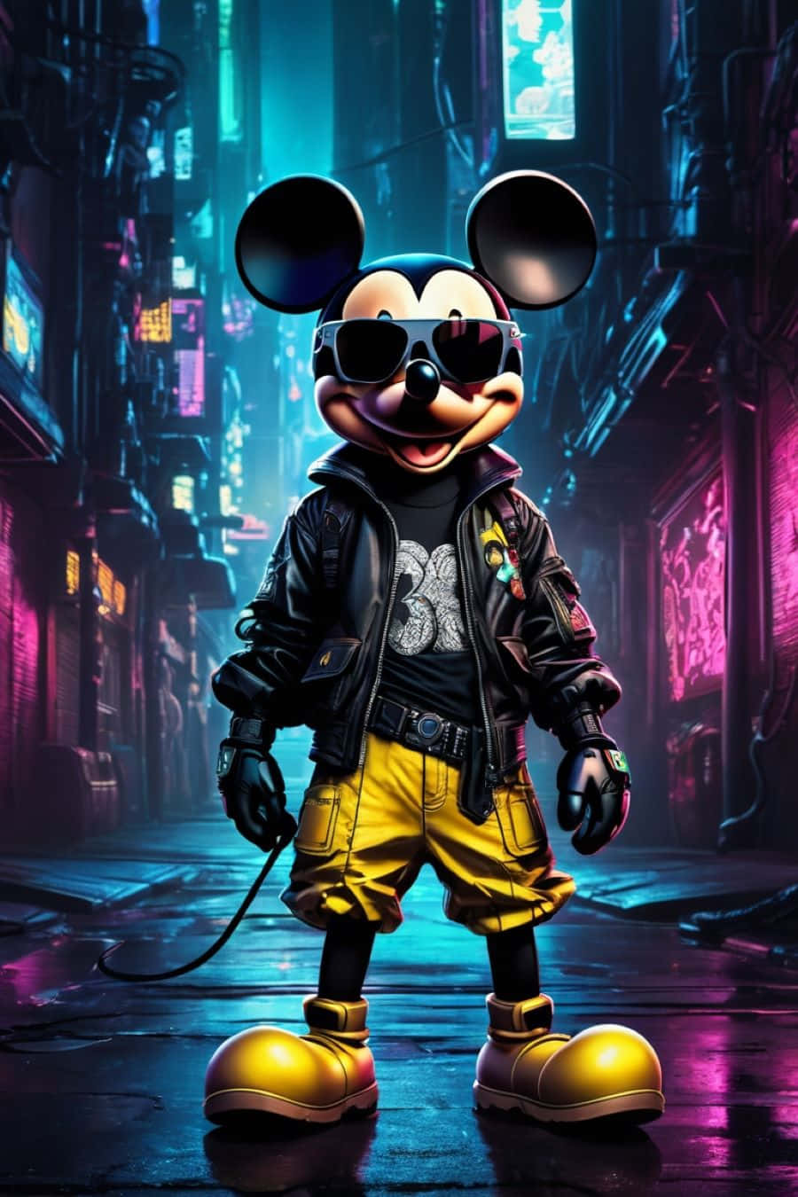 Gangster Mickey Mouse, cyberpunk alleyway, neon-lit, HD Phone Wallpaper